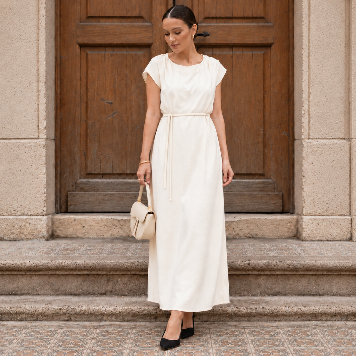 Off White 100% Rayon Maxi Dress | Round Neck with Drawstring Tie Waist