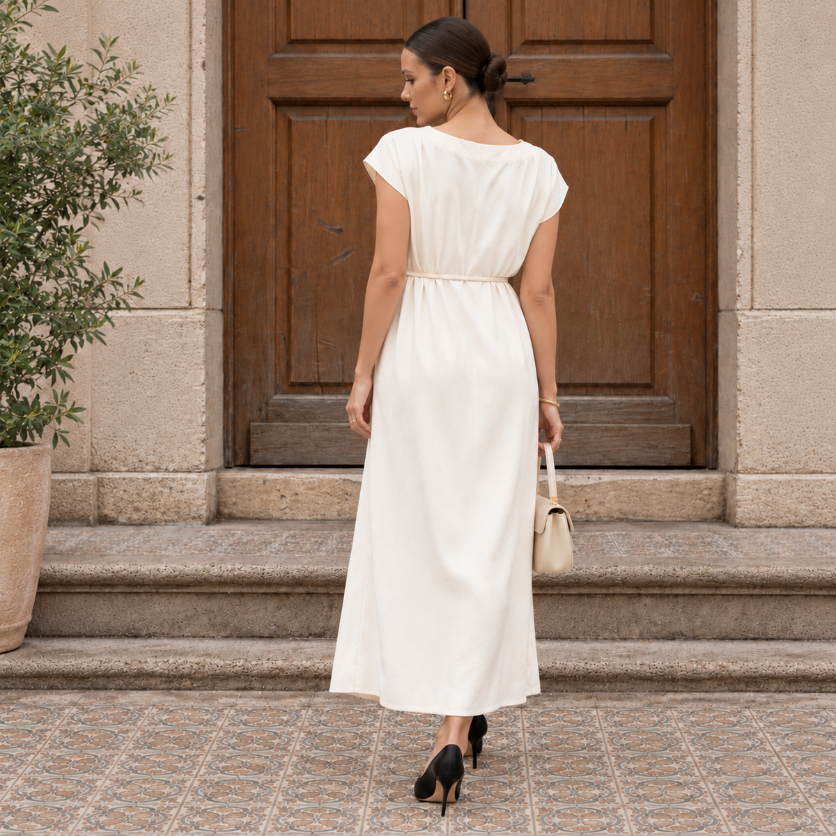 Off White 100% Rayon Maxi Dress | Round Neck with Drawstring Tie Waist