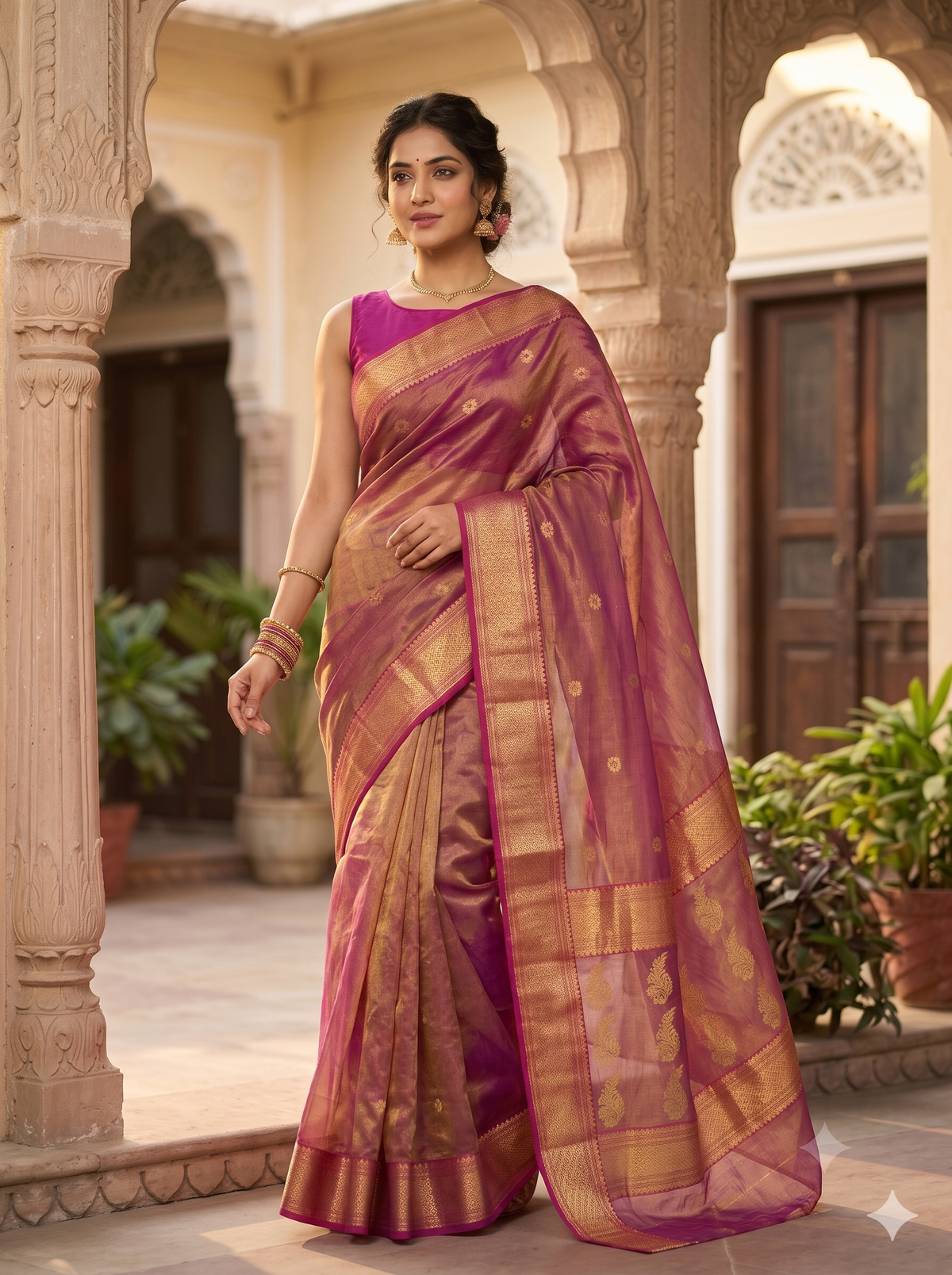 Elegant Dual-Tone Magenta-Plum Sheer Chanderi Katan Silk Tissue Saree with Rich Red and Gold Zari Border