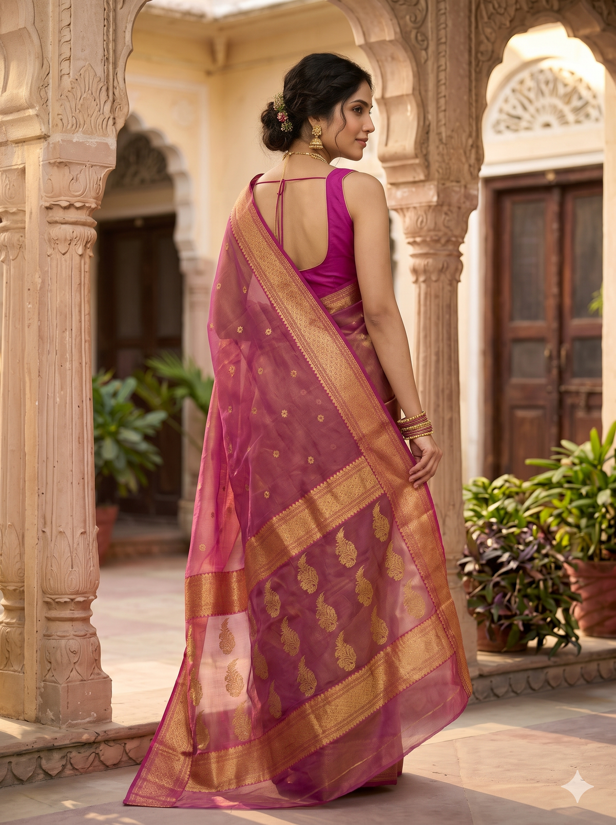 Elegant Dual-Tone Magenta-Plum Sheer Chanderi Katan Silk Tissue Saree with Rich Red and Gold Zari Border
