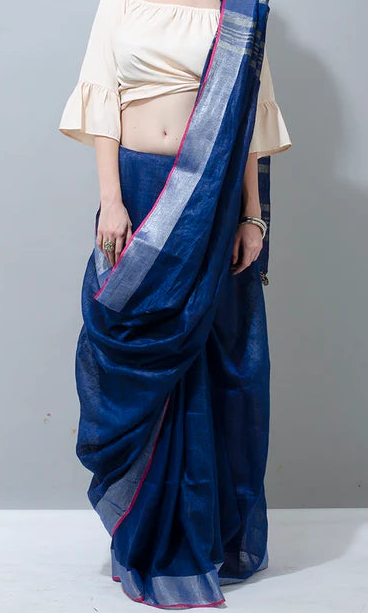 Pure Linen Saree in Imperial Blue with Silver Zari Border | Breathable Office Wear Saree