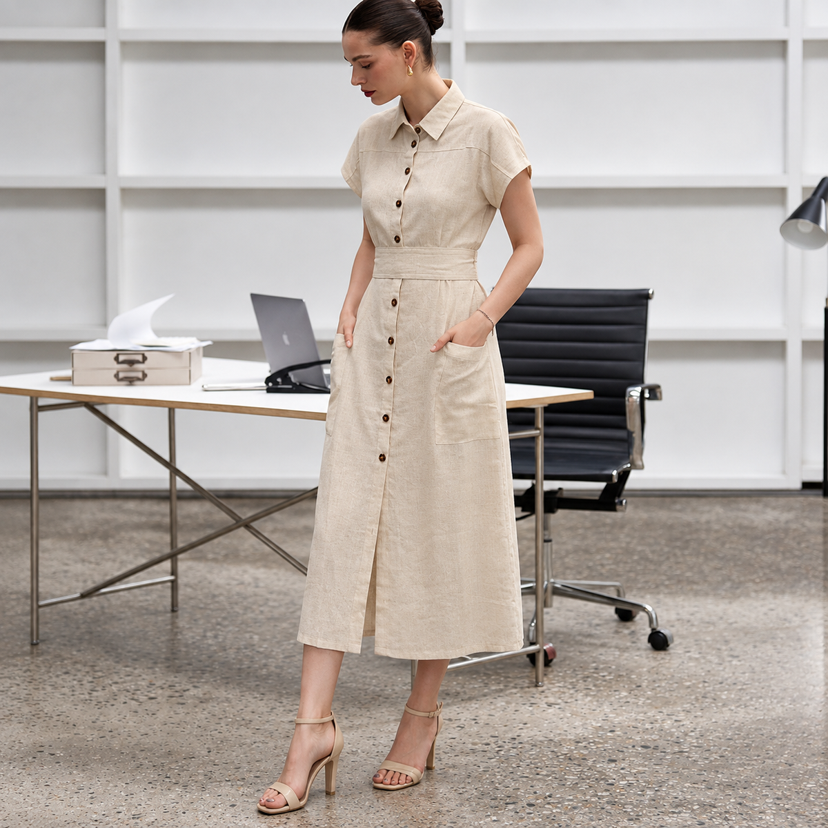 Beige Modal 100% Pure Linen Shirt Dress | Collared Maxi with Tie Belt & Pockets