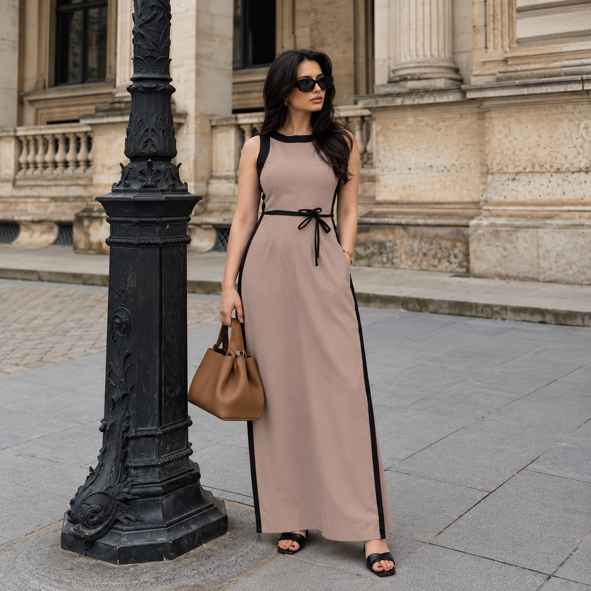 Beige & Black Solid Contrast Detail Maxi Dress | 100% Pure Cotton