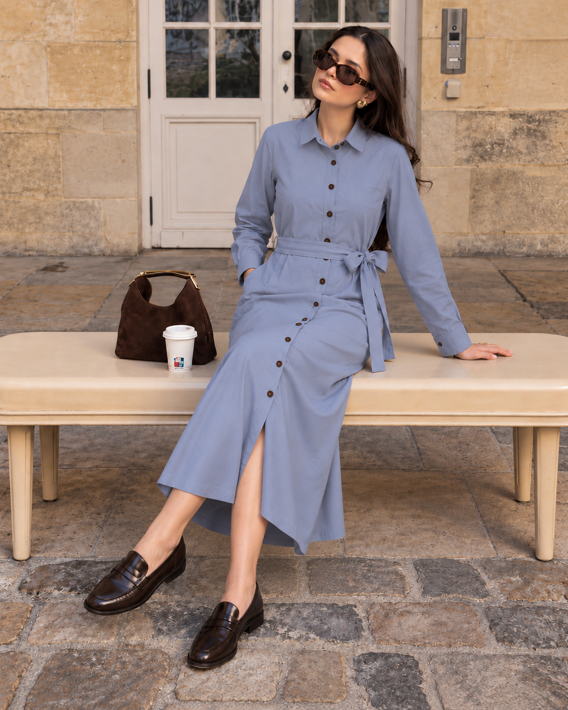 Blue Chambray Maxi Shirt Dress | Full Sleeve with Tie Belt & Pockets