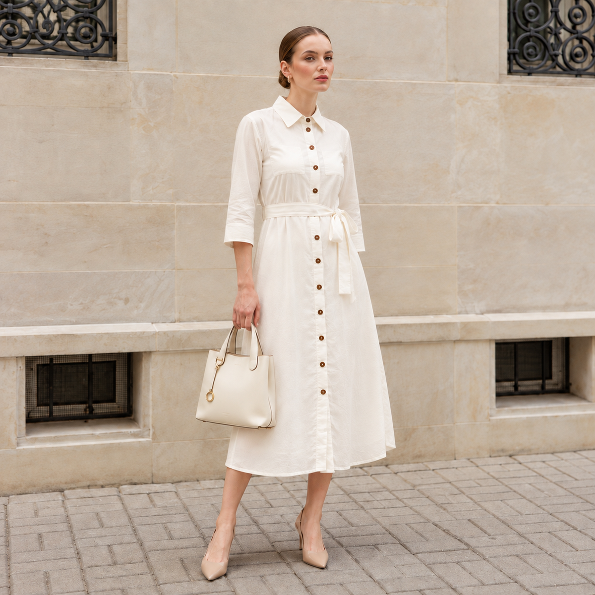 White Modal 100% Pure Linen Shirt Dress | Midi with Tie Belt & Patch Pockets