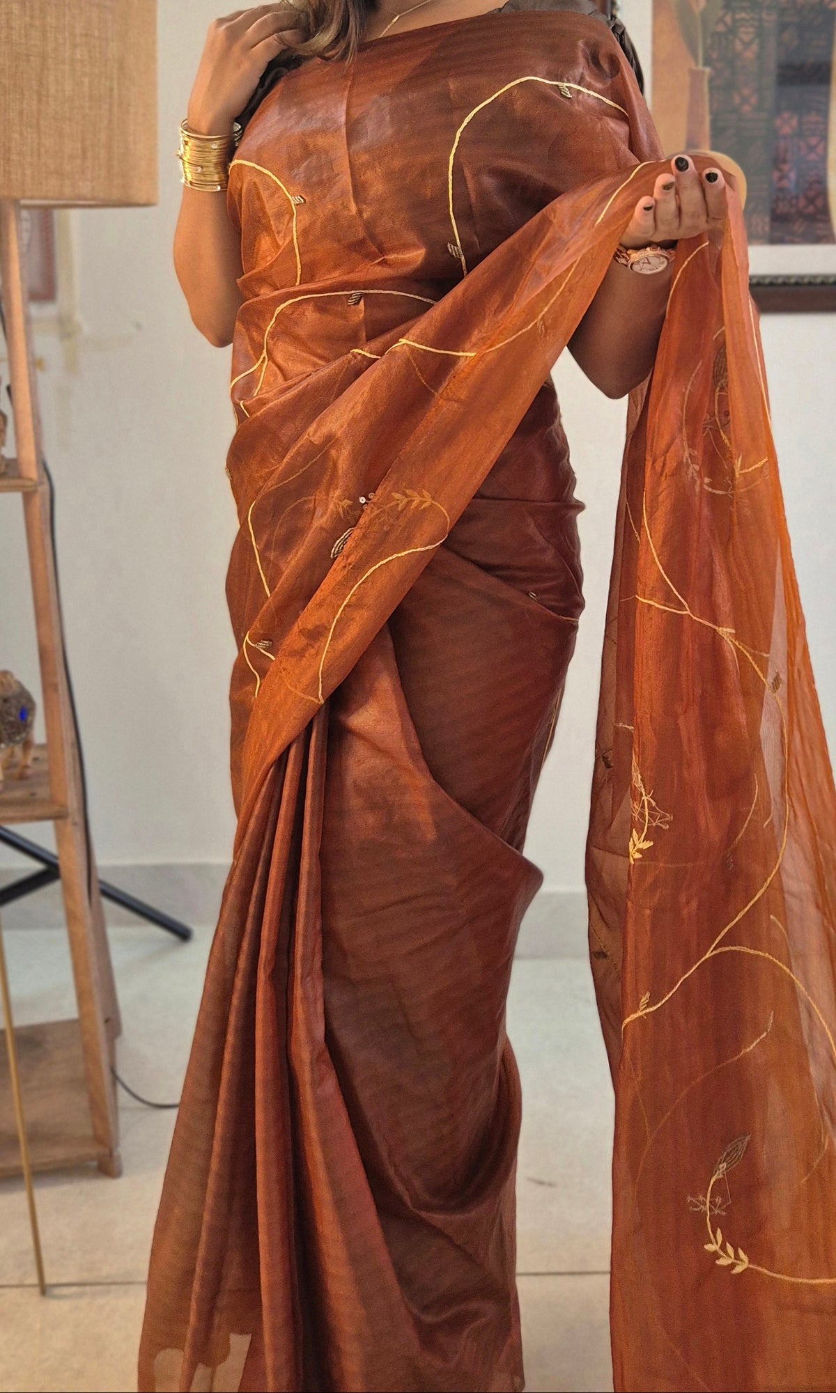 Rust Copper/ Coffee Organza Sheer Saree with Modern Swirl Embroidery β Lightweight Designer Drape