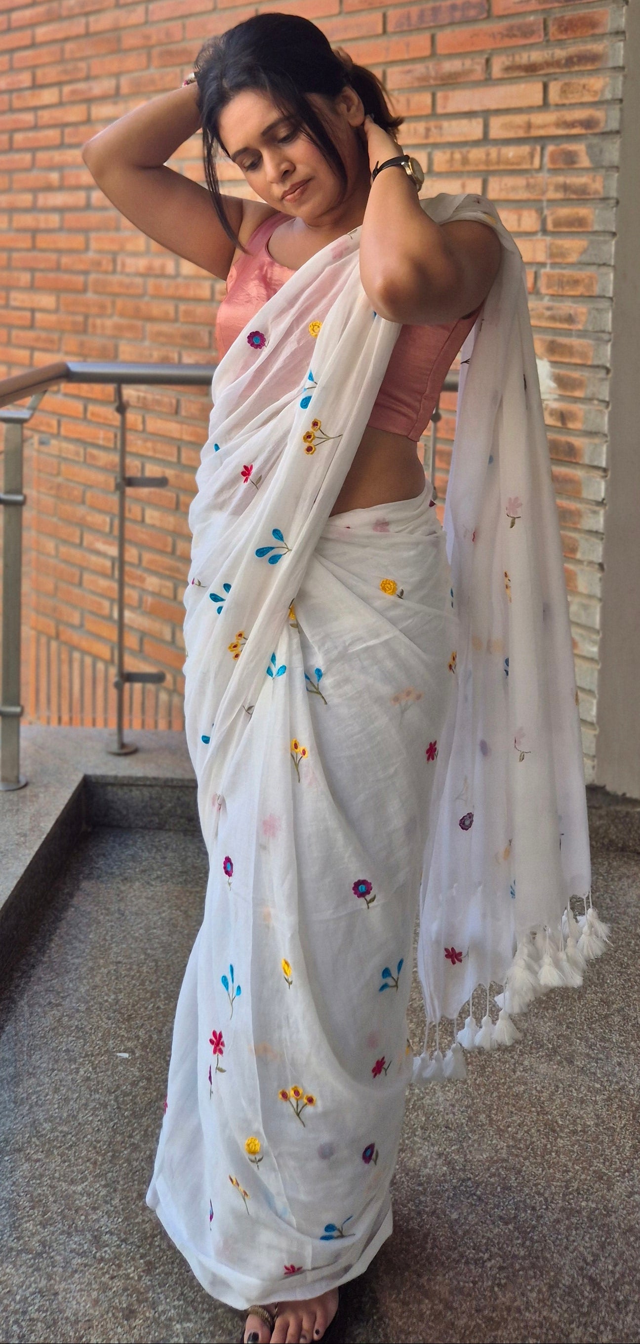 White Saree with Multicolor Floral Embroidery and Stylish Tassel Pallu | Elegant Daily & Corporate Babe Wear
