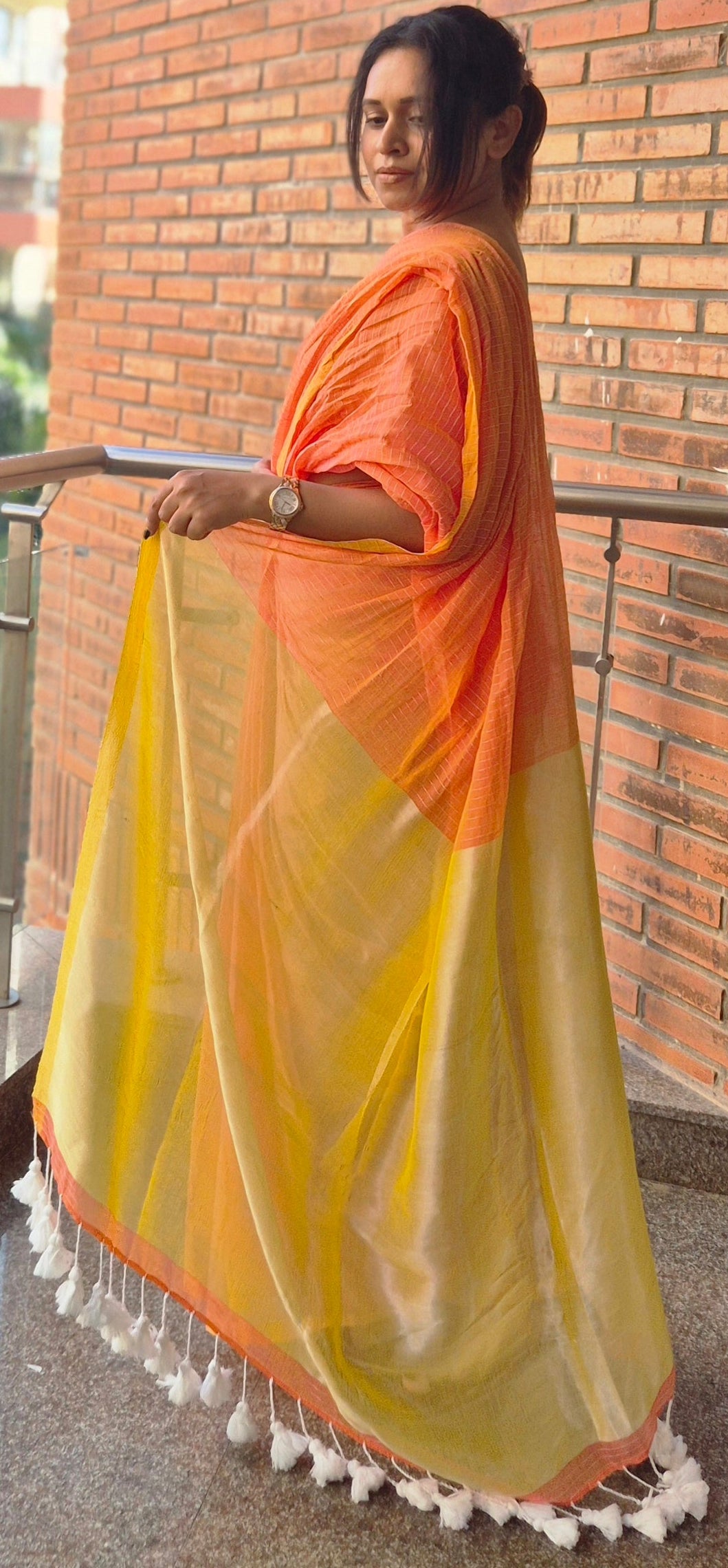 Pure Linen by Linen Saree in Orange & Yellow with Woven Checks and Zari Tassel Pallu