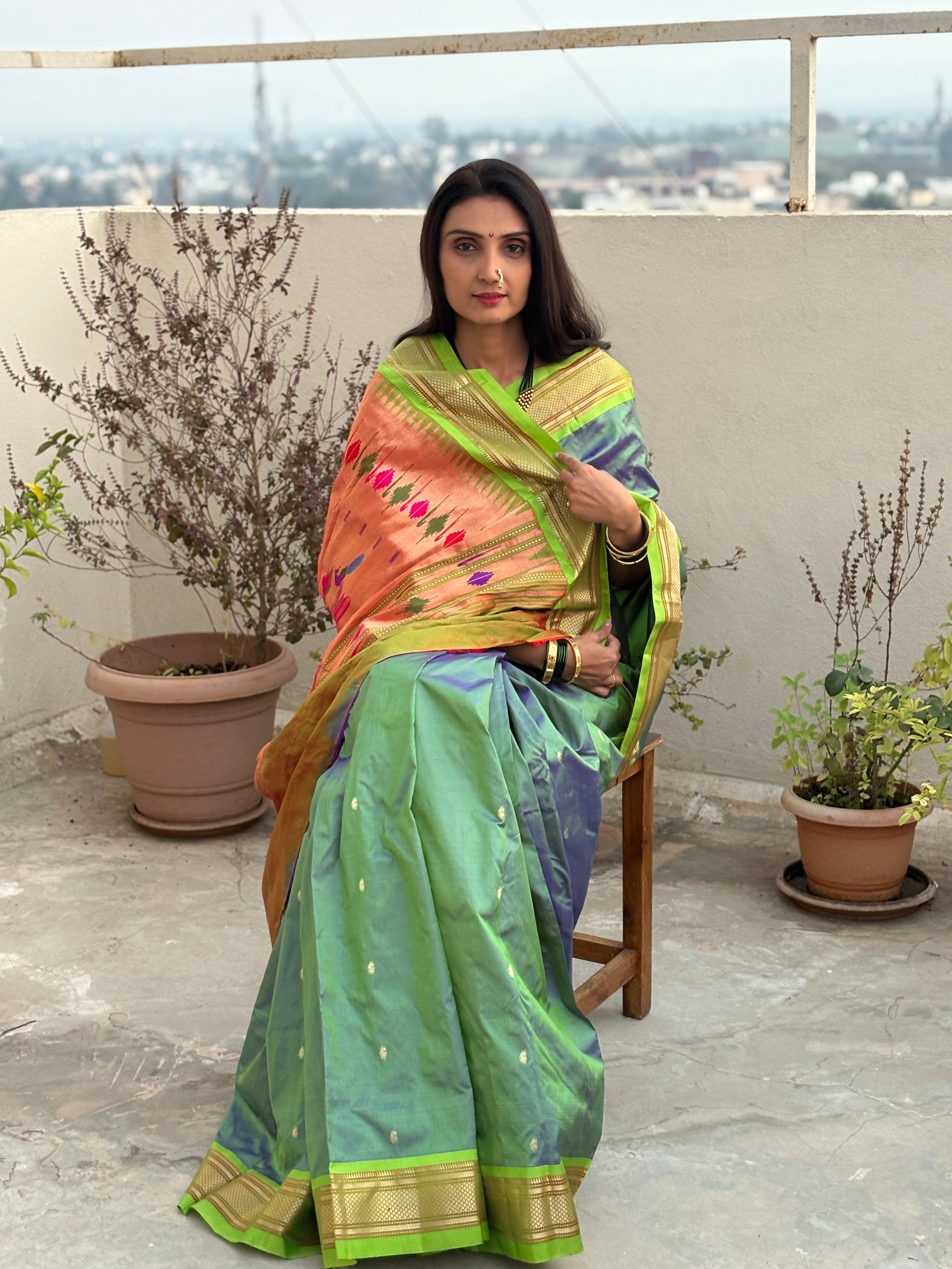 Handloom Authentic Unique Parrot Green Soft Silk Saree with Golden Zari & Contrast Copper Pallu – Peacock Motif Pallu