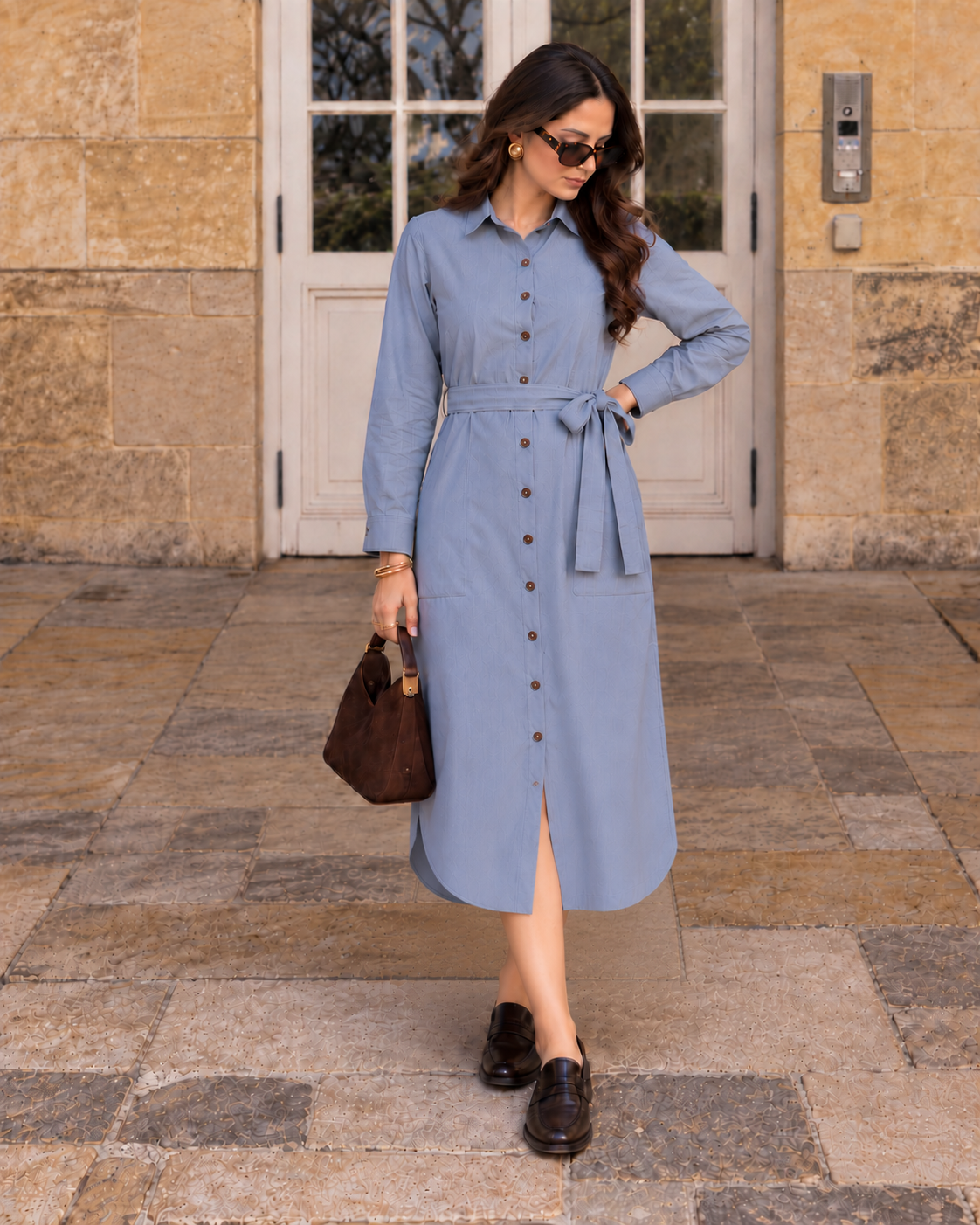 Blue Chambray Maxi Shirt Dress | Full Sleeve with Tie Belt & Pockets