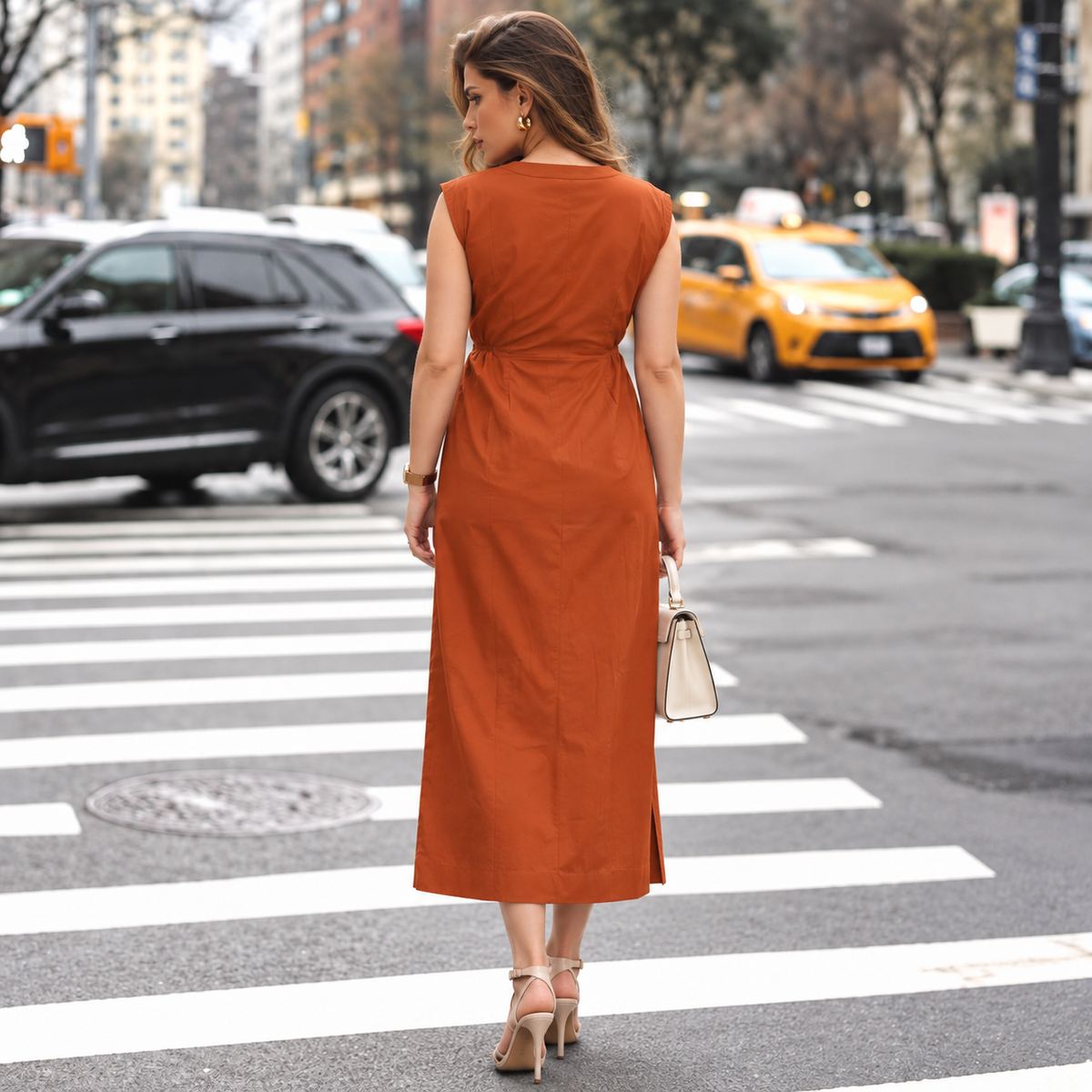Rust Crisp Poplin Cotton Midi Dress | 100% Pure Cotton