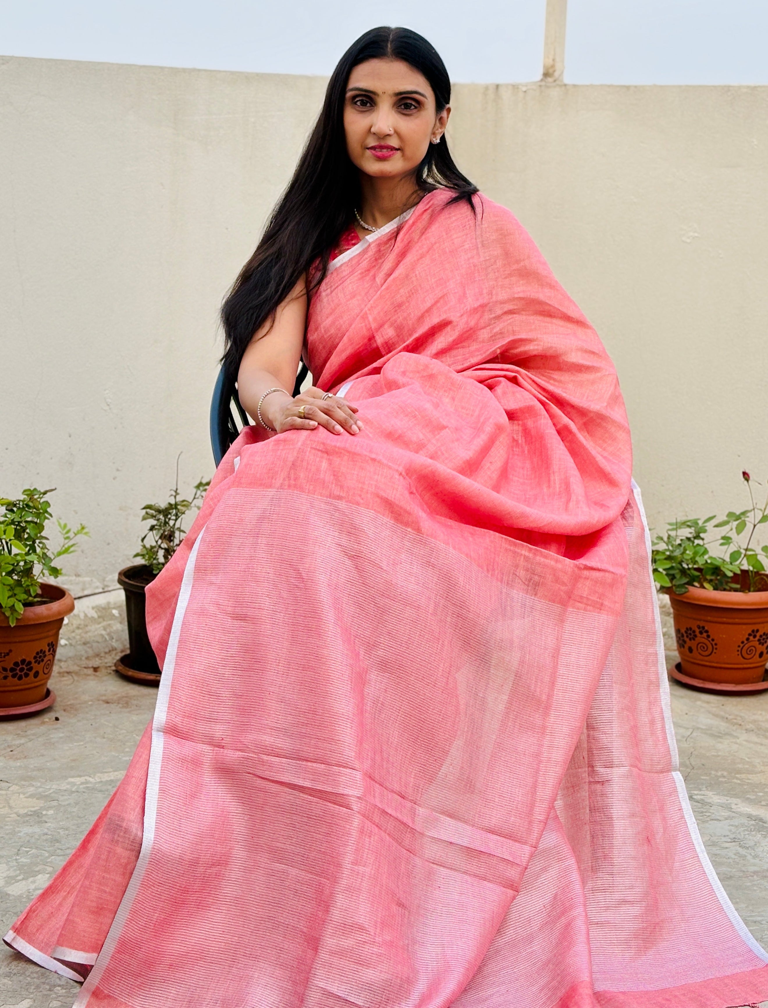 Premium Pure Handloom Linen Saree in Peach with Silver Zari Border | Breathable Office Wear Saree