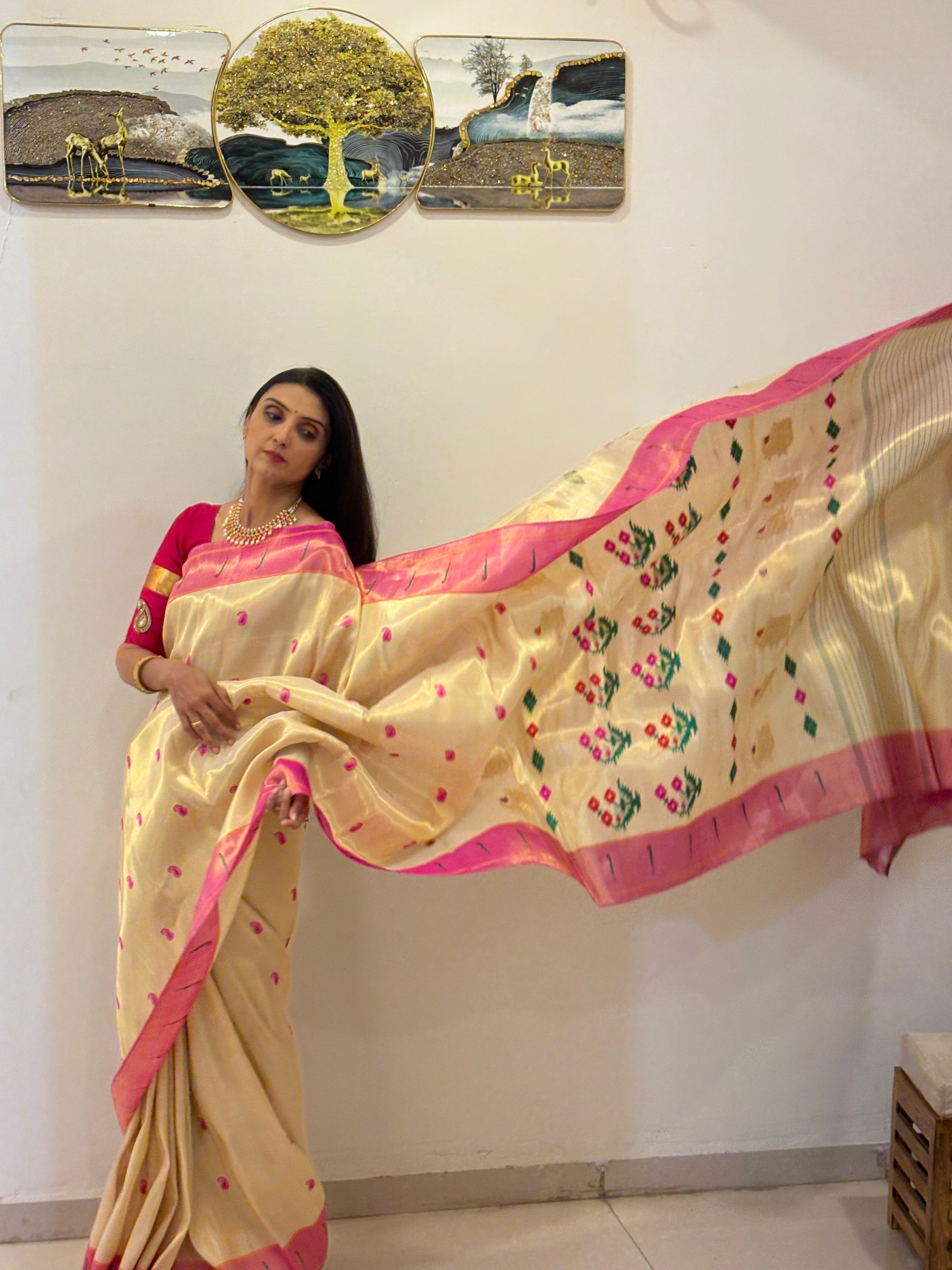 Premium Brocade Tissue Silk Paithani Saree with Rani Pink Zari Border & Multicolor Floral Pallu – Traditional Maharashtrian Handloom