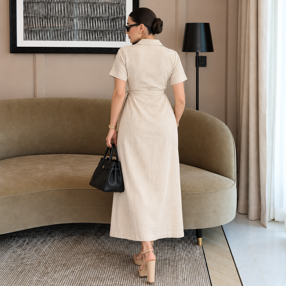Beige Modal 100% Linen Wrap Dress | Collared V-Neck Maxi with Side Tie