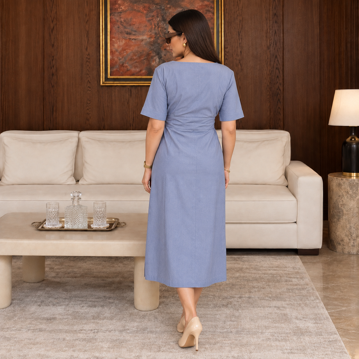 Blue 100% pure Chambray Midi Dress | Boat Neck with Waistband & Front Slit