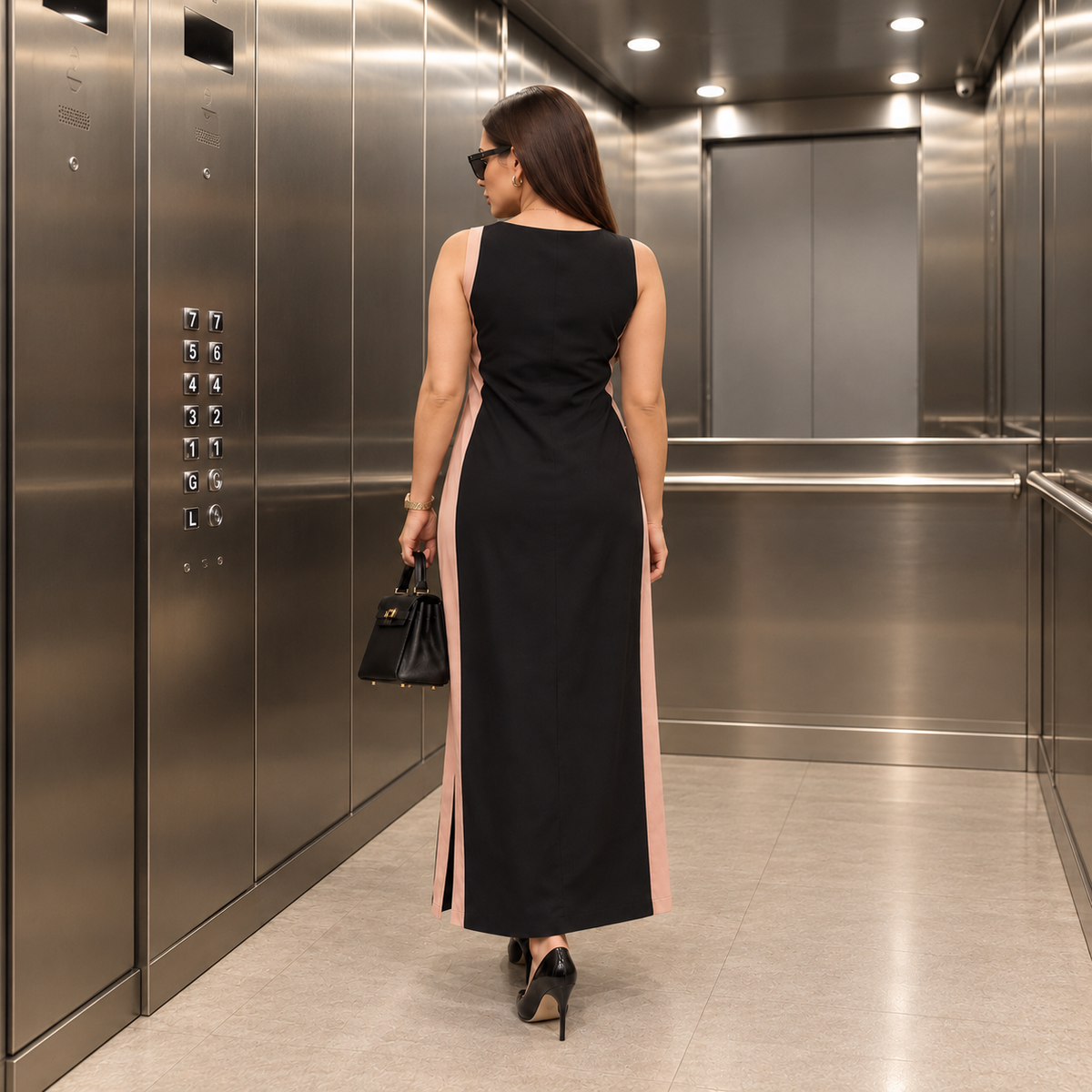 Black and Blush Pink Solid Colorblock Maxi Poplin 100% Pure Cotton Dress