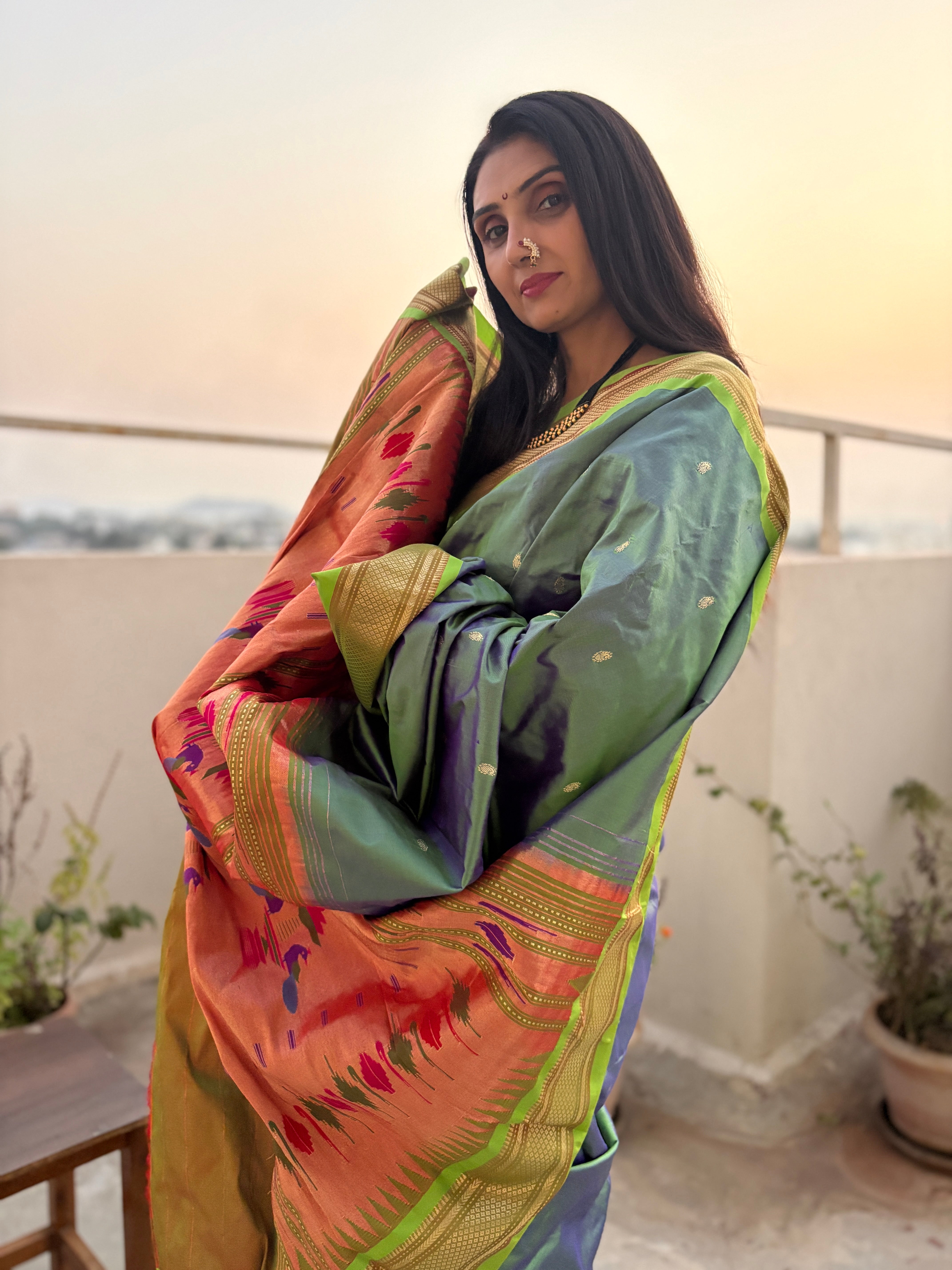 Handloom Authentic Unique Parrot Green Soft Silk Saree with Golden Zari & Contrast Copper Pallu – Peacock Motif Pallu