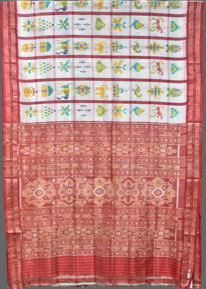 Traditional saree with colorful patterns on a wooden stand