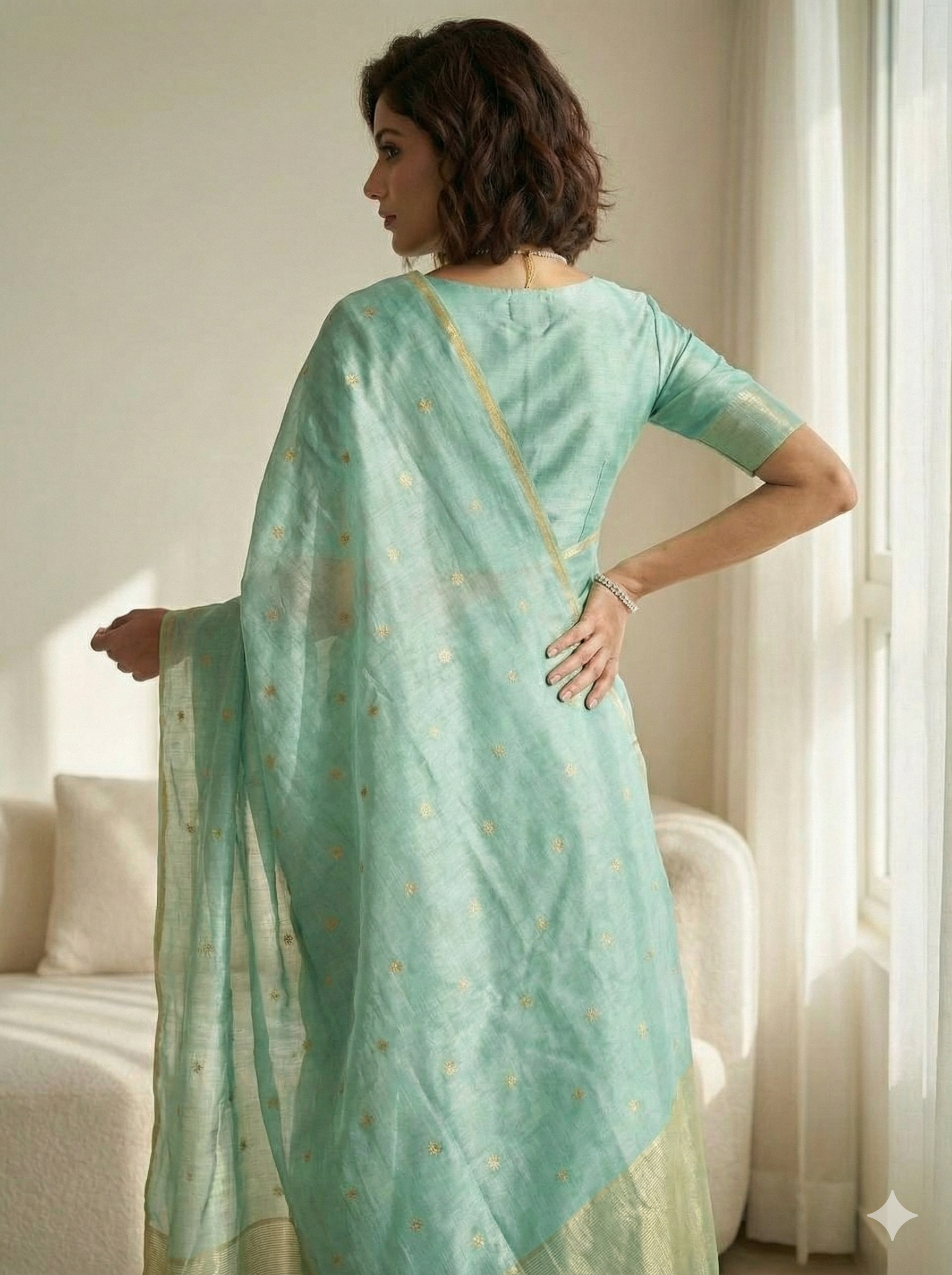 Premium unique Pastel Seafoam Green Chanderi Pattu Silk Saree with Gold Zari Butta & Rich Tissue Border