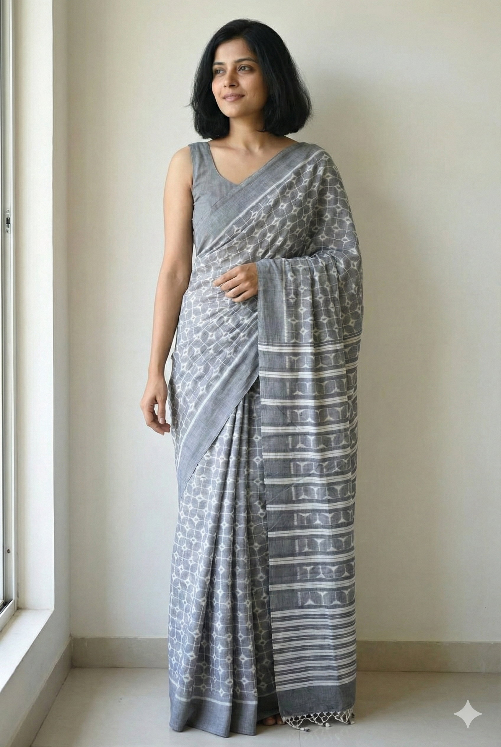 Authentic Odisha Handloom Grey Khandua Cotton Saree with White Chessboard Thikiri Pattern