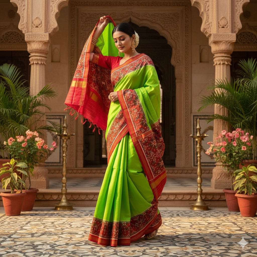 Parrot Green and Maroon Patola Silk Saree – Handwoven Single Ikat inspired Design