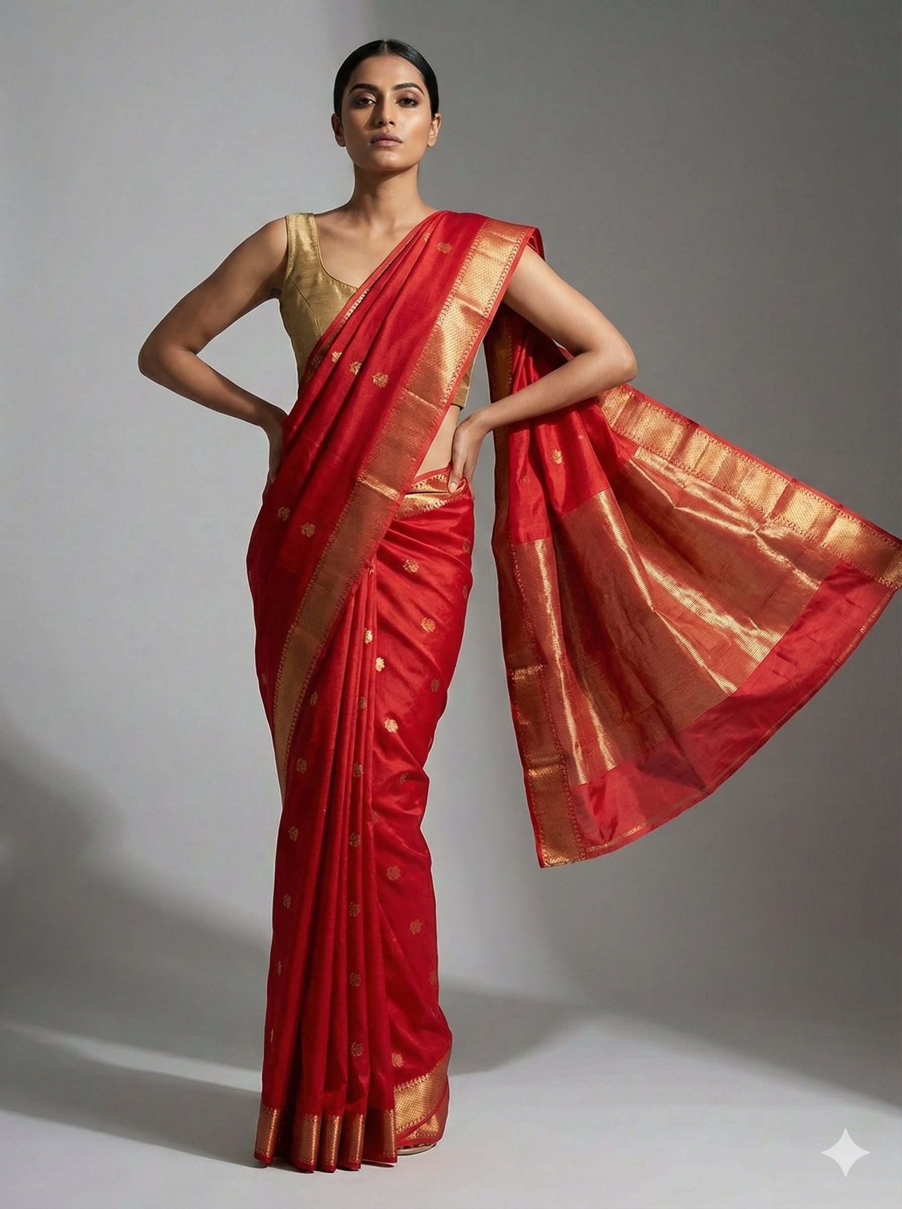 Handloom Red Maheshwari Silk Cotton Saree with Lotus Boota & Zari Border – Traditional Dobby Weave with Blouse Piece