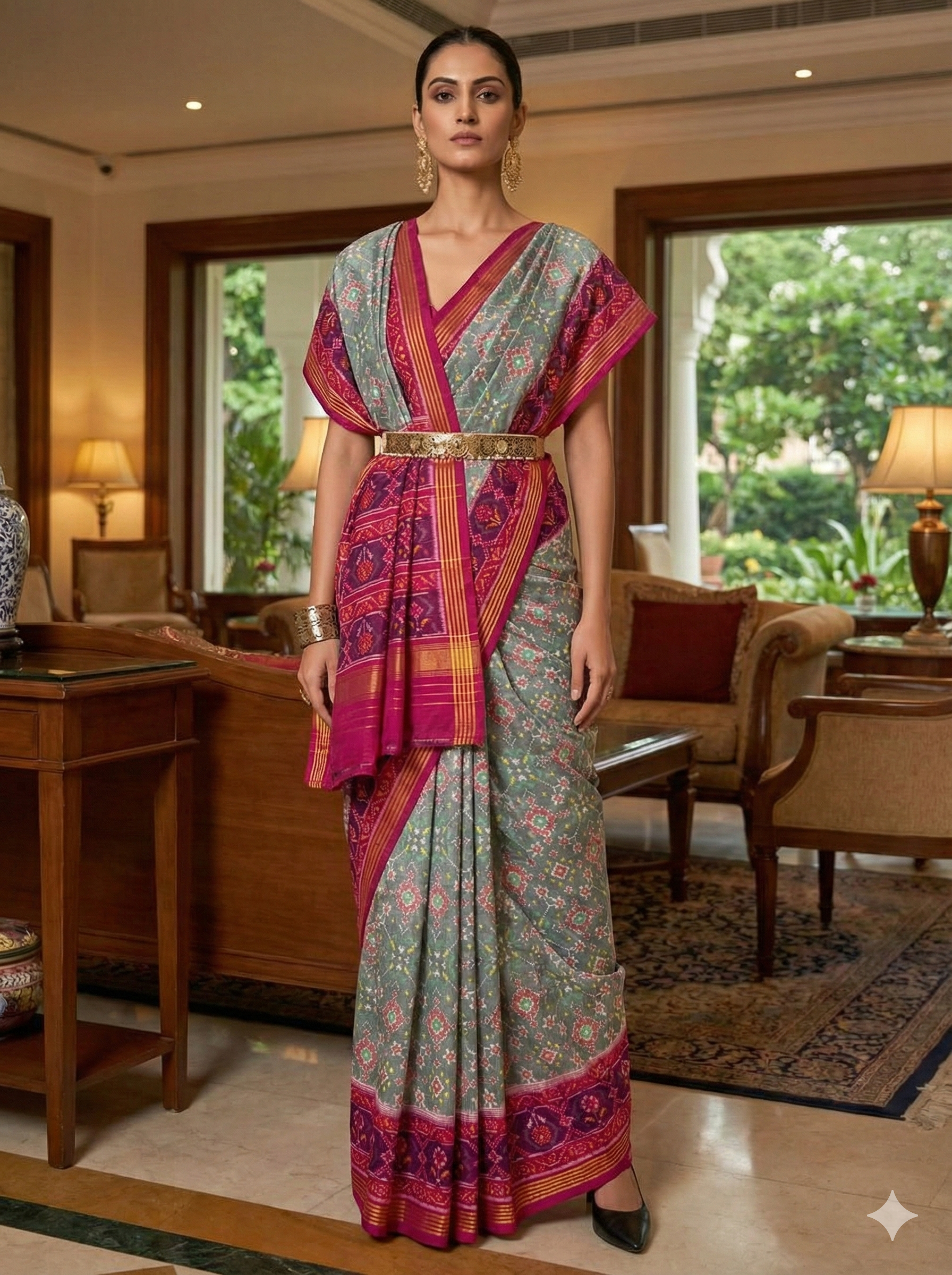 Grey & Magenta - Traditional Patola Silk Saree with Single Ikat-Inspired Design