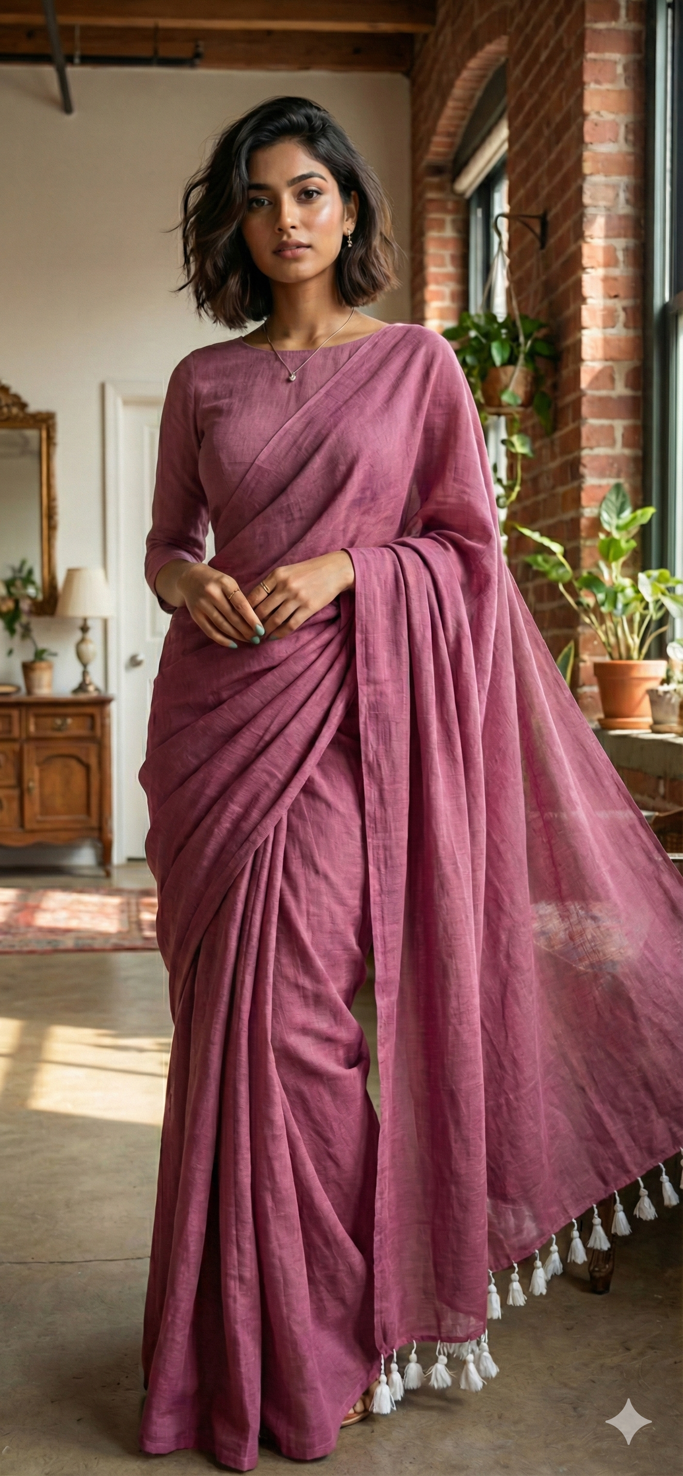 Rose Mauve Saree with white Tassel Pallu | Elegant Daily & Corporate Babe Wear