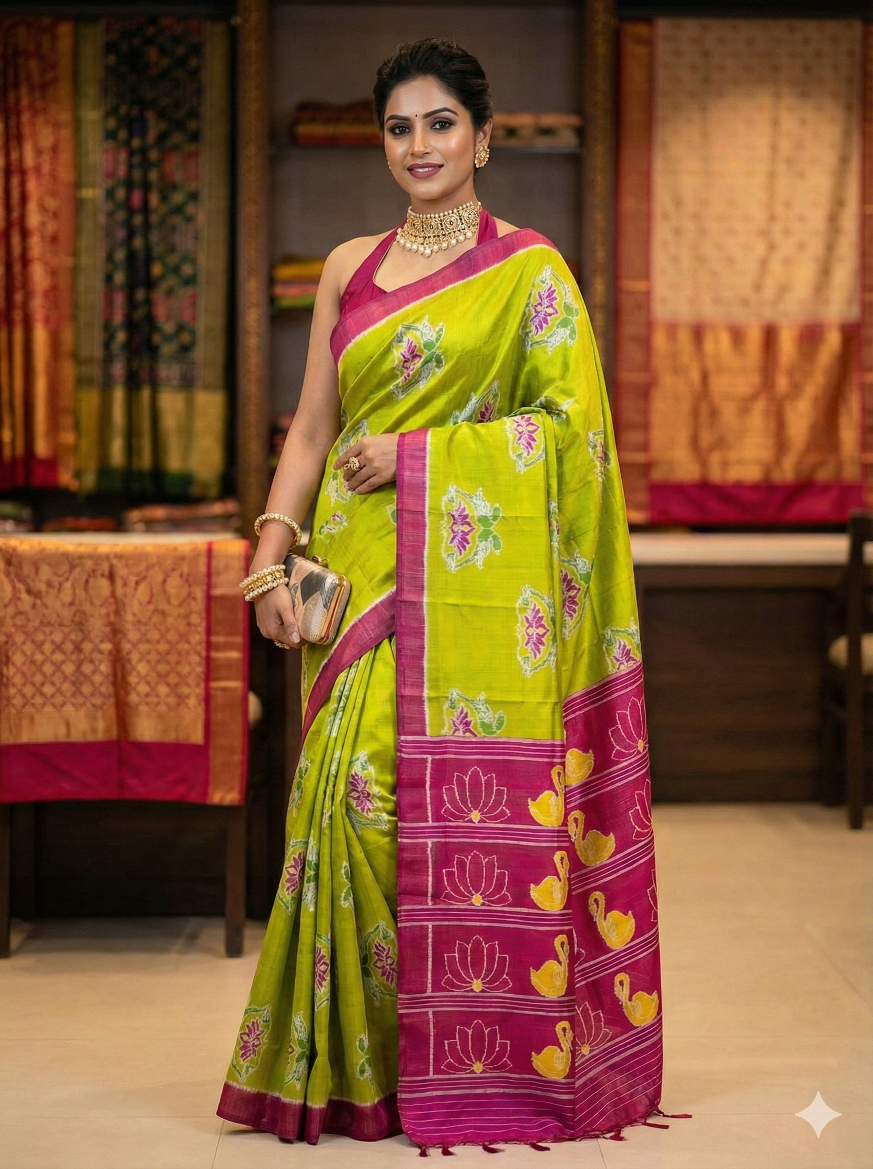 Authentic Nuapatna Lemon Yellow 4-Ply Mulberry Silk Khandua Saree | Lotus & Parrot Ikat Design