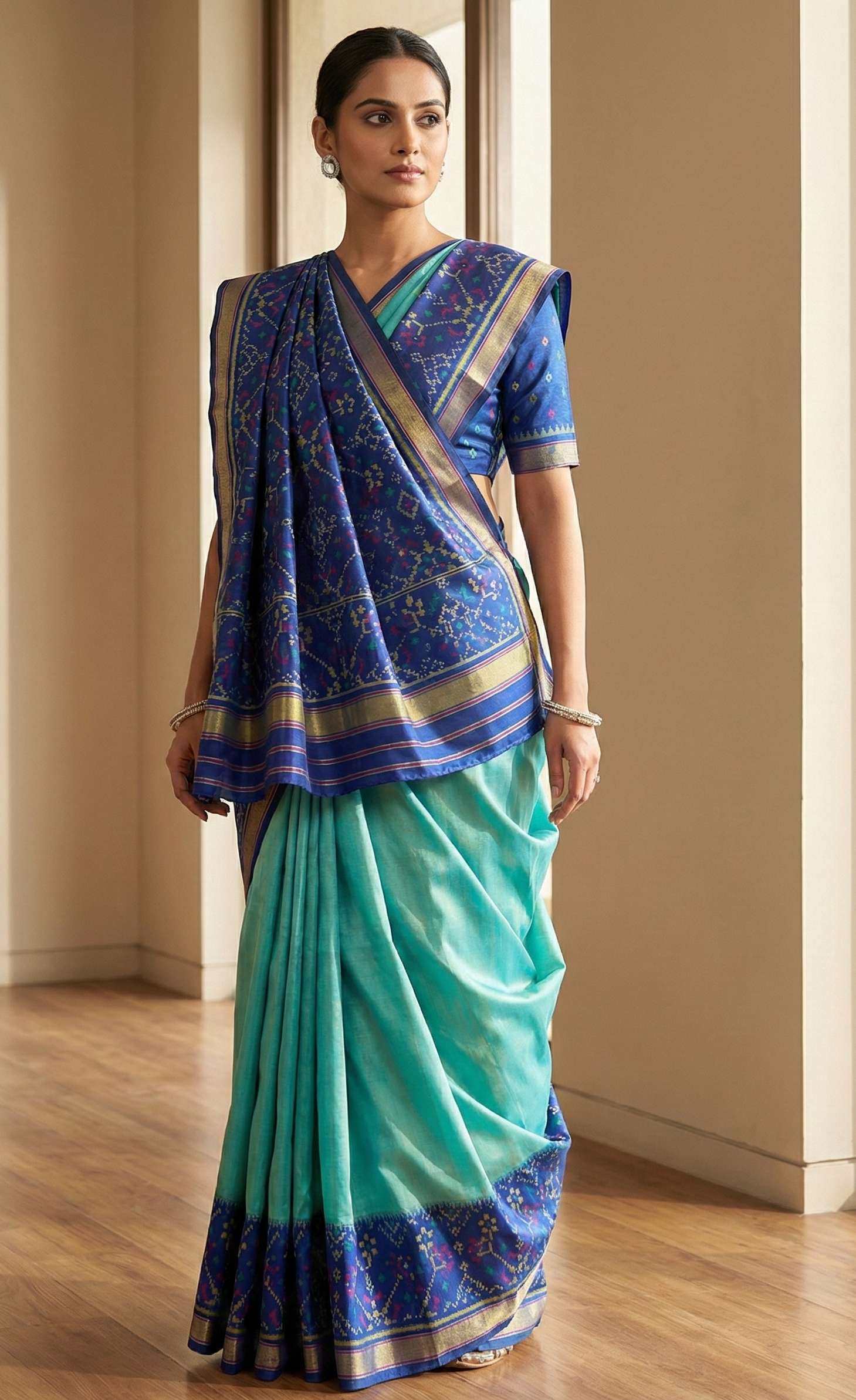 Exquisite Turquoise and Indigo Blue Single Ikat Patola Sheen Silk Handloom Saree with Geometric Floral Borders