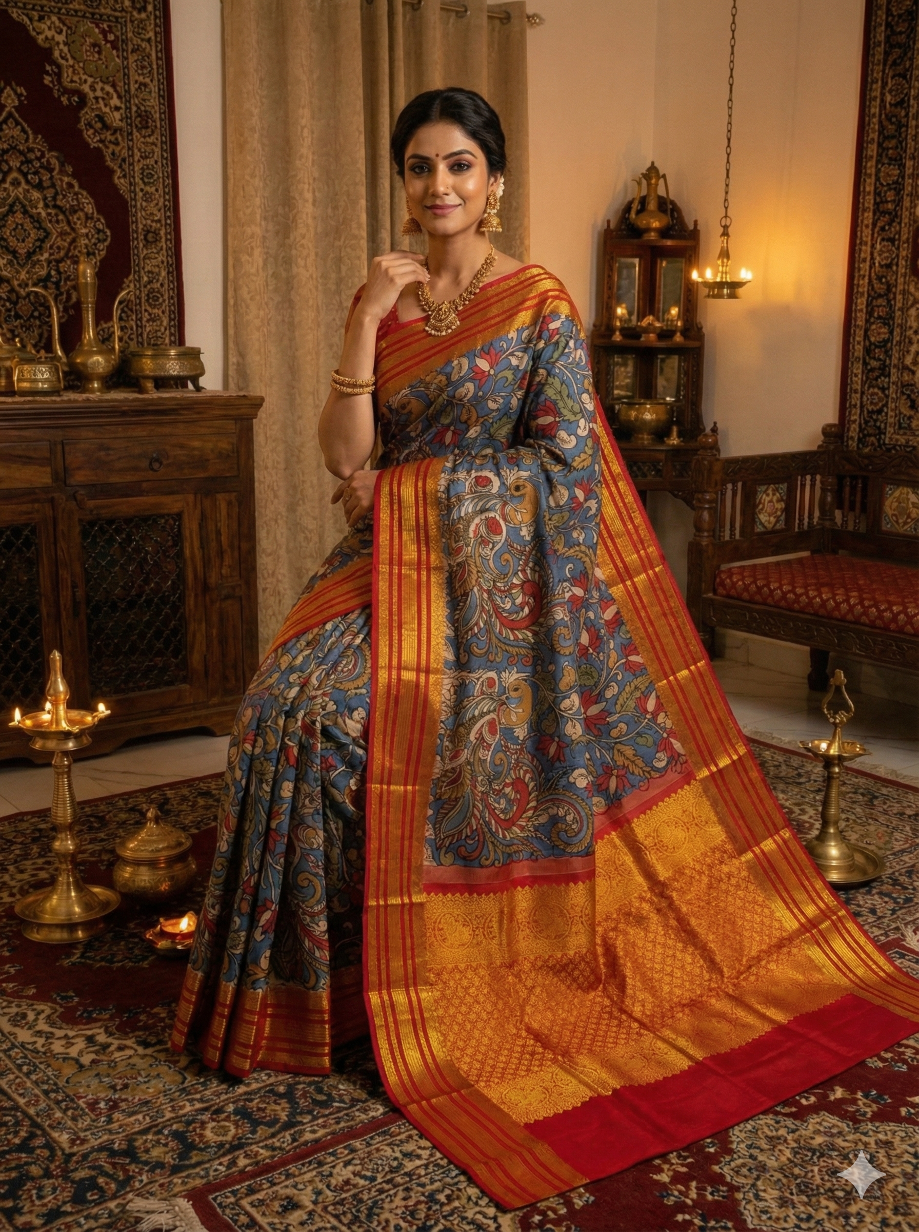 Neavy Blue Pen Kalamkari Kanchipuram Silk Saree - Floral Kalamkari print with large Peacock/Bird motifs