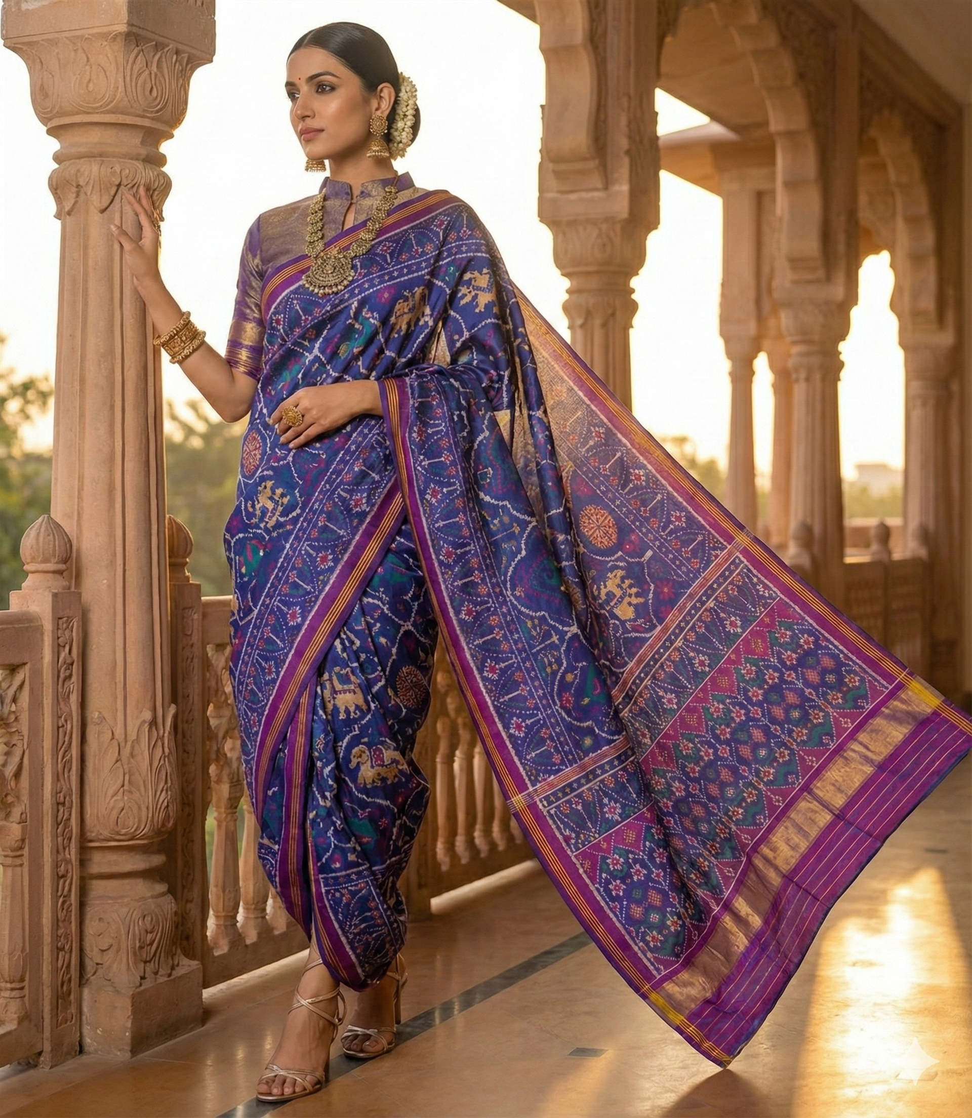 Royal Blue Single Ikat Saree with Traditional Elephant & Parrot Motifs | Patola Pattern