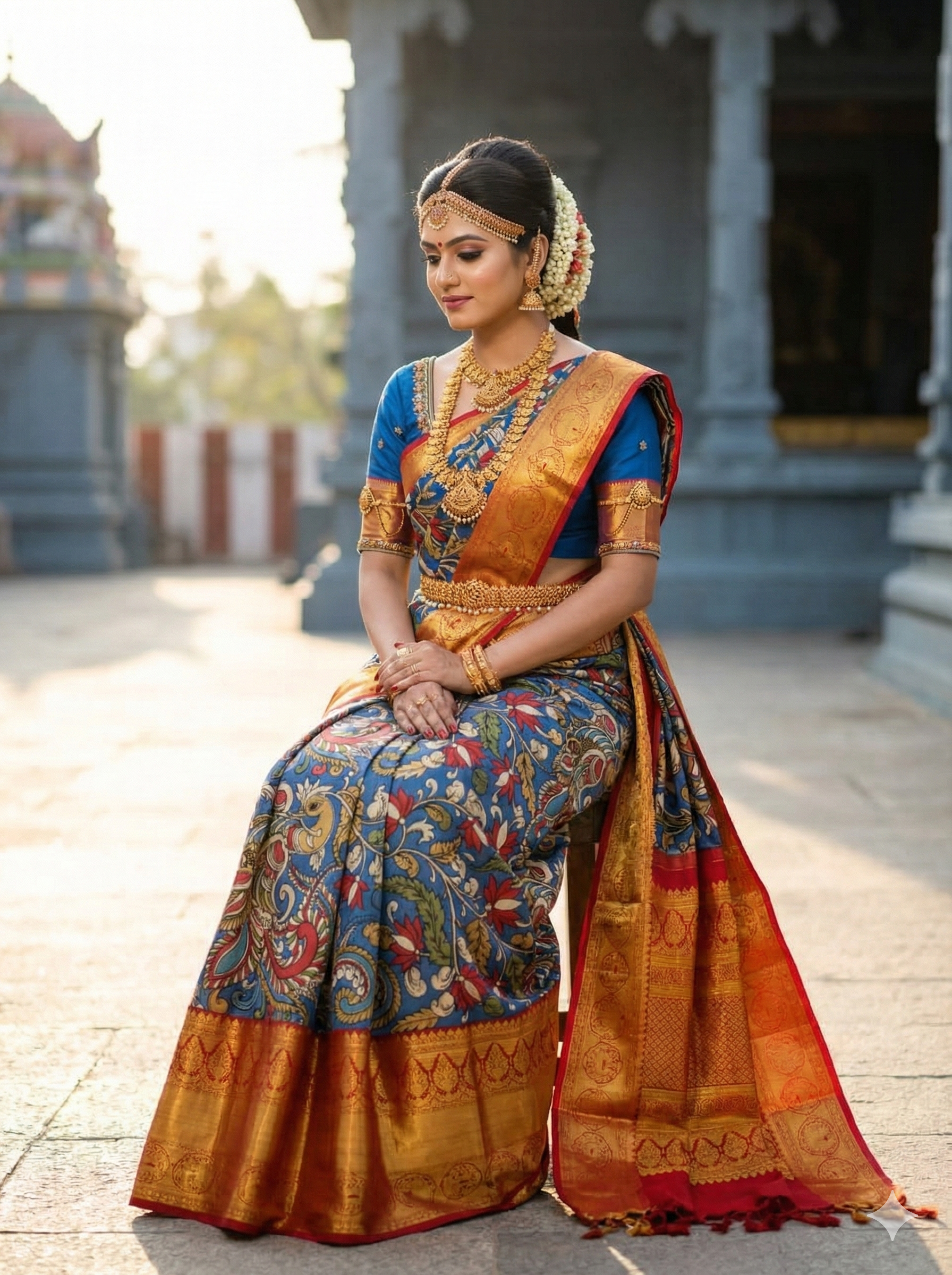 Indigo Blue Pen Kalamkari Kanchipuram Silk Saree – Peacock Motif & Big Zari Border