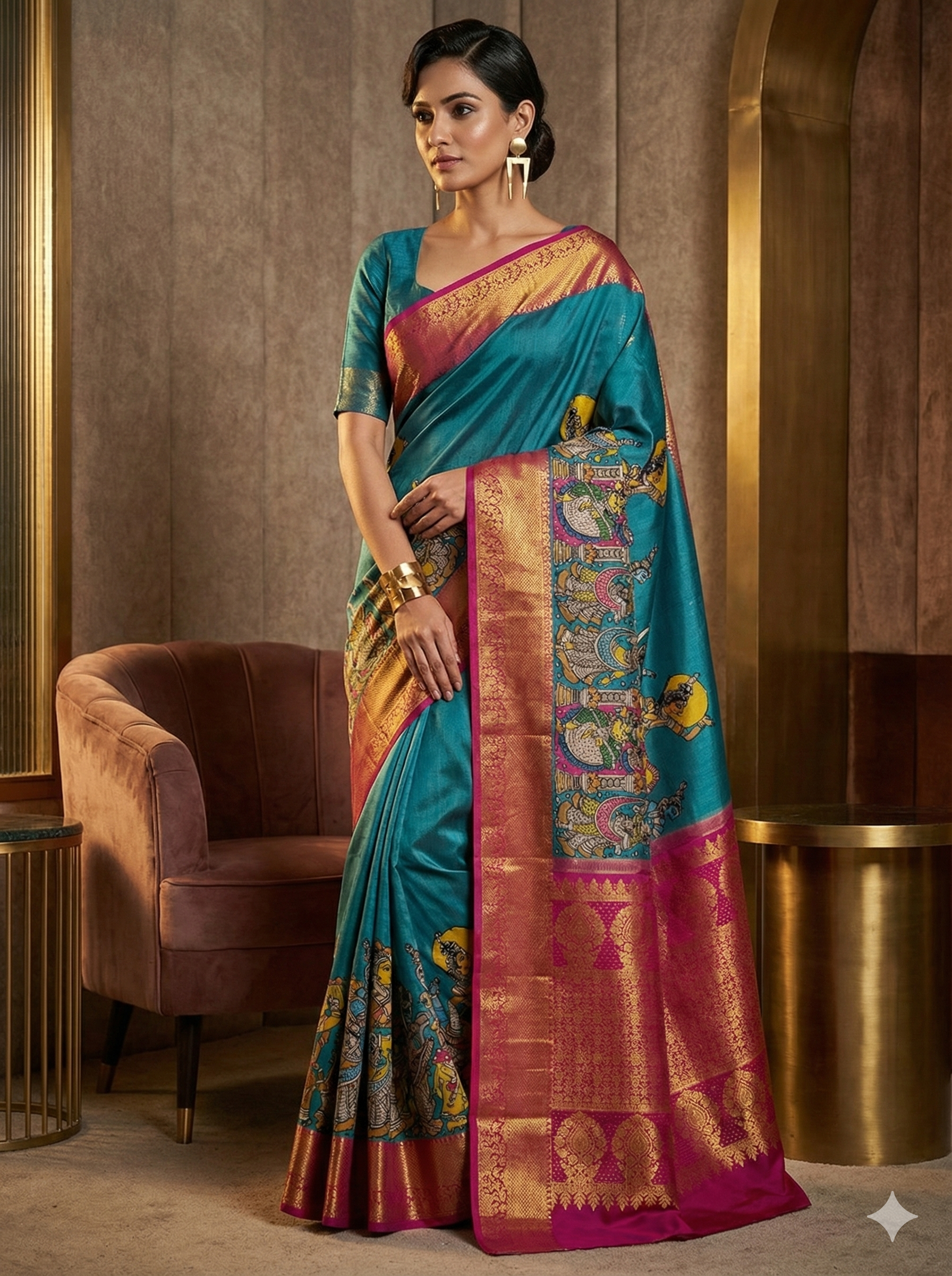 Teal Blue Pen Kalamkari Kanchipuram Silk Saree - Krishna Leela & Temple Design