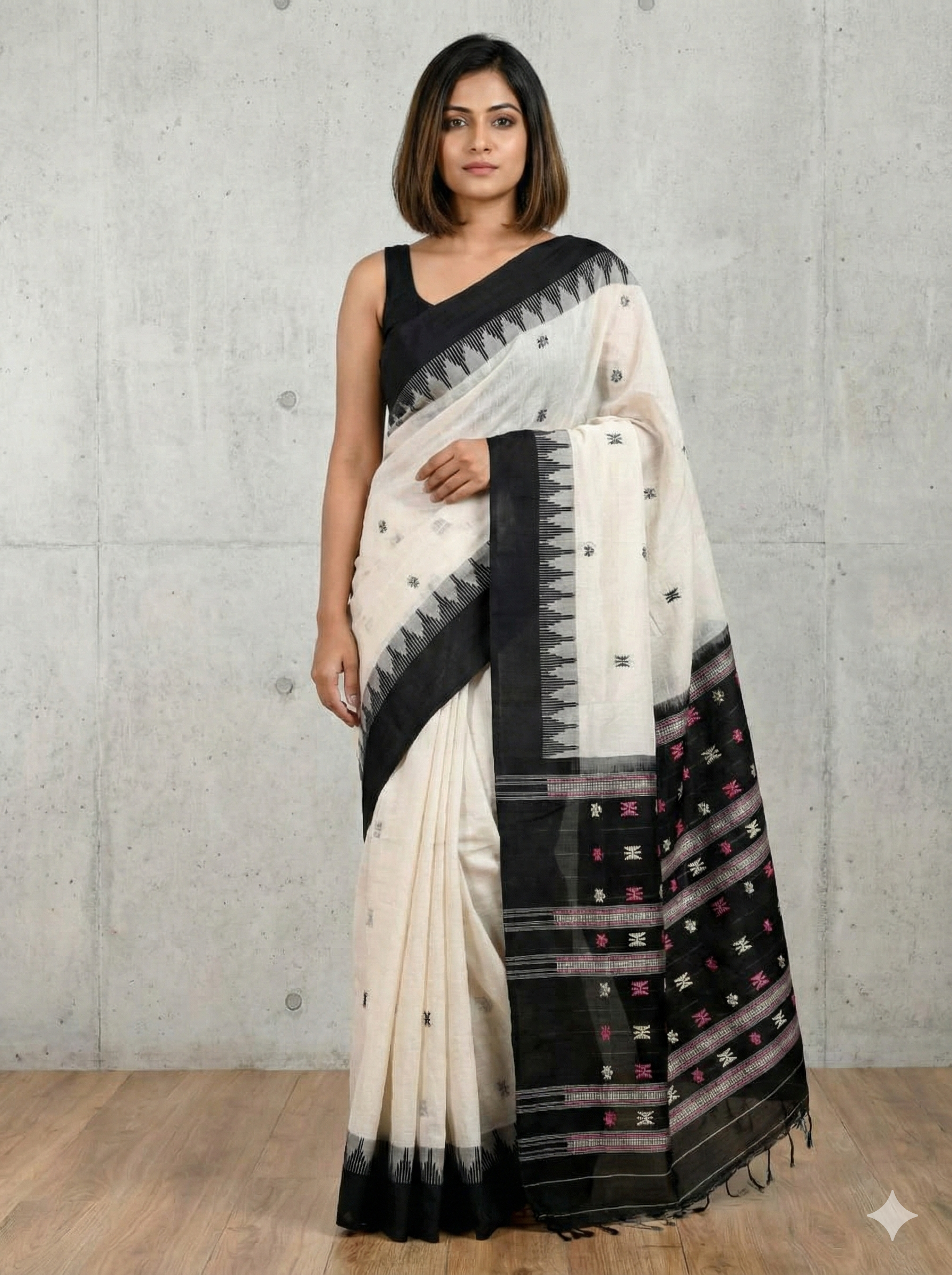 Exclusive Sambalpuri Fudakumbha Cotton Saree | Tribal Kotpad & Habaspuri Fusion Design | Off-white & Black Handloom