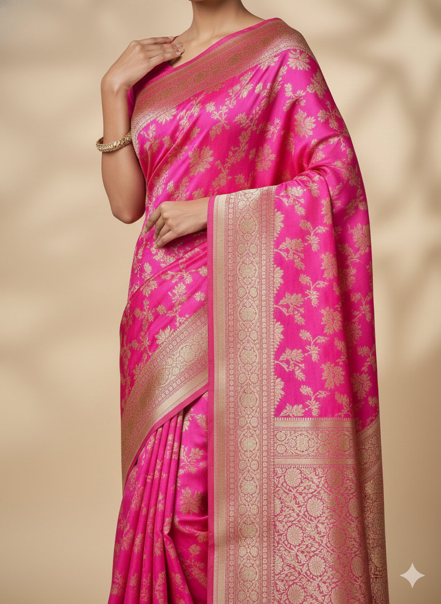Vibrant Rani Pink Pure Katan Silk Banarasi Saree with All-Over Gold Zari Floral Jaal