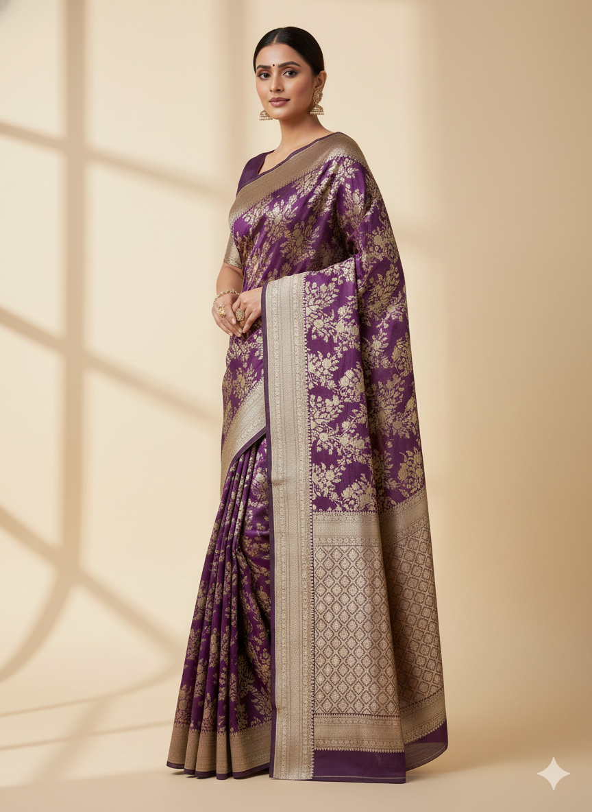 Royal Purple Pure Katan Silk Banarasi Saree with Intricate Gold Zari Floral Jaal