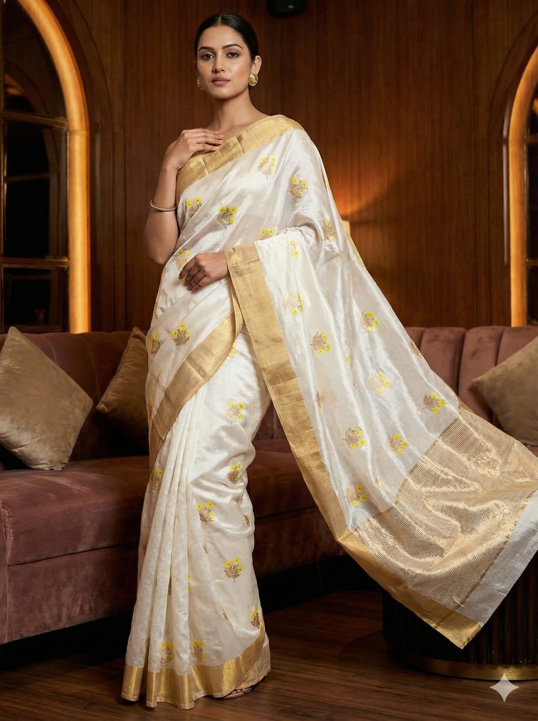 Elegant White Pattu Soft Silk Chanderi Saree with All-Over Golden Zari Meenakari Butta and Rich Patela Border – Perfect for Weddings & Festive Wear
