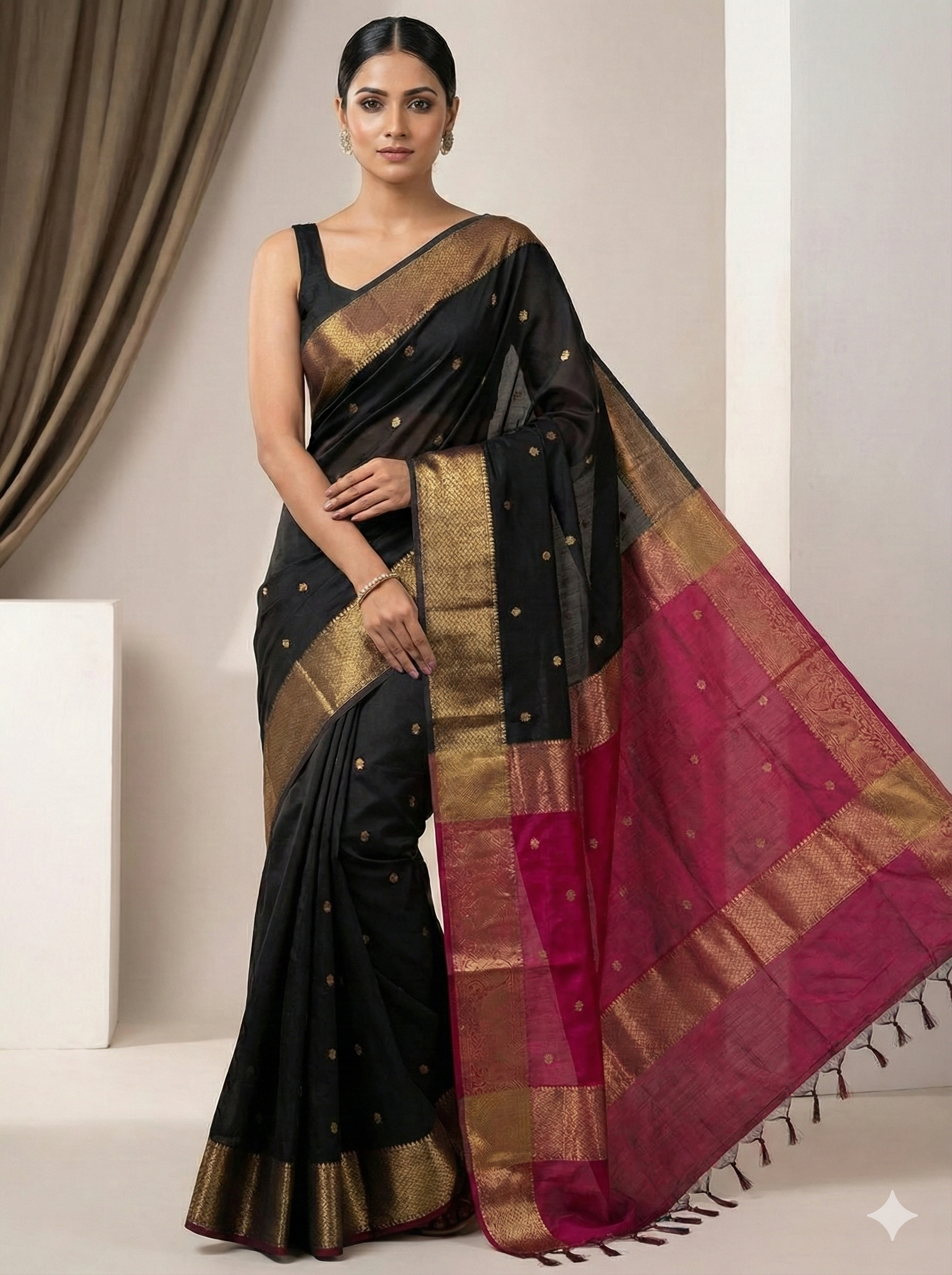Handloom Exquisite Maheshwari Cotton Silk Saree - Black and Rani Pink Ruhiful Design