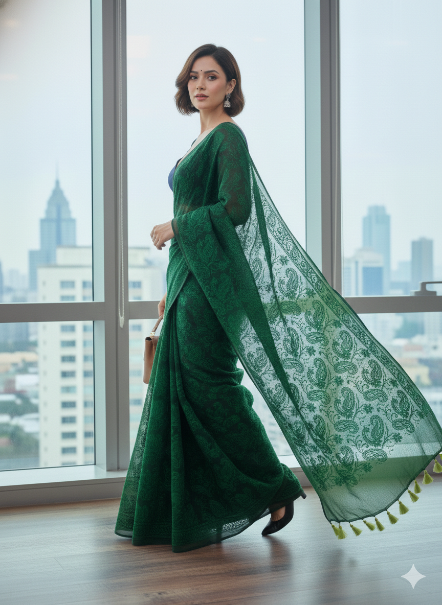Emerald Green Mul Cotton Chikankari Saree – Elegant Handcrafted Corporate Wear with Tassels