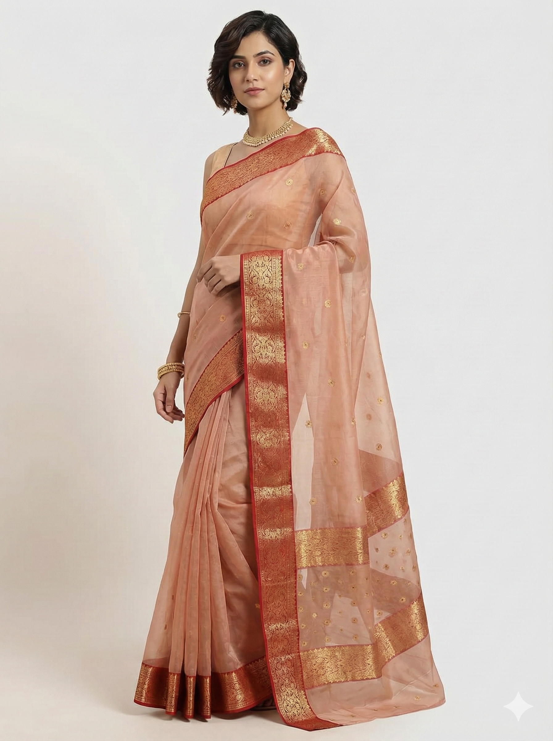 Elegant Peach Sheer Chanderi Katan Silk Saree with Rich Red and Gold Zari Border