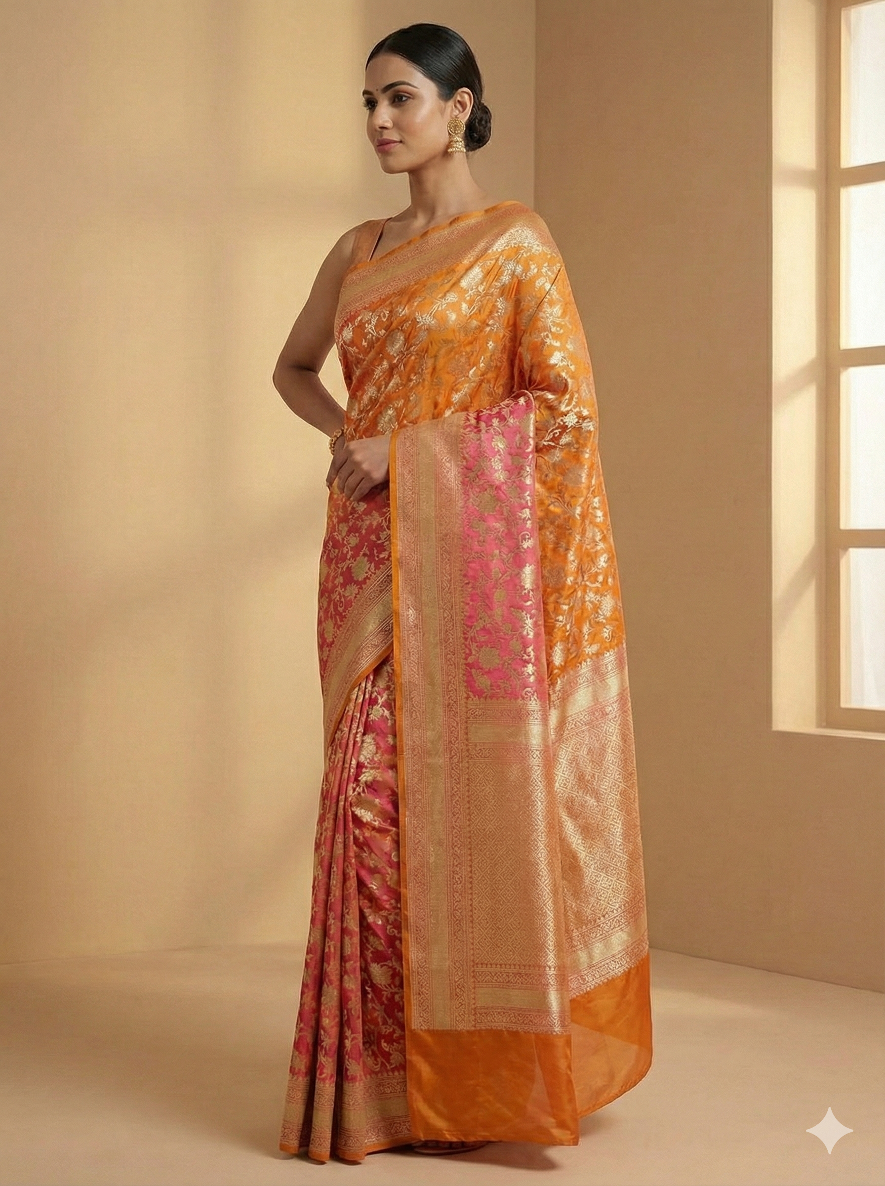 Exquisite Dual-Tone Mustard & Pink Pure Katan Silk Banarasi Saree with Traditional Jaal