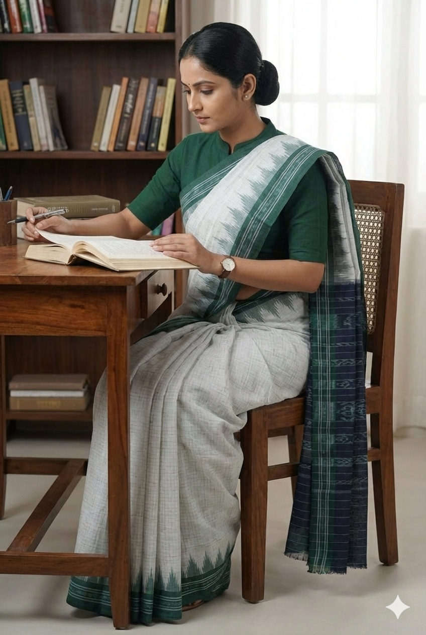 Odisha Handloom Jharana Cotton Saree - Off-White Body with Deep Green Temple Border & Blue Ikat Pallu