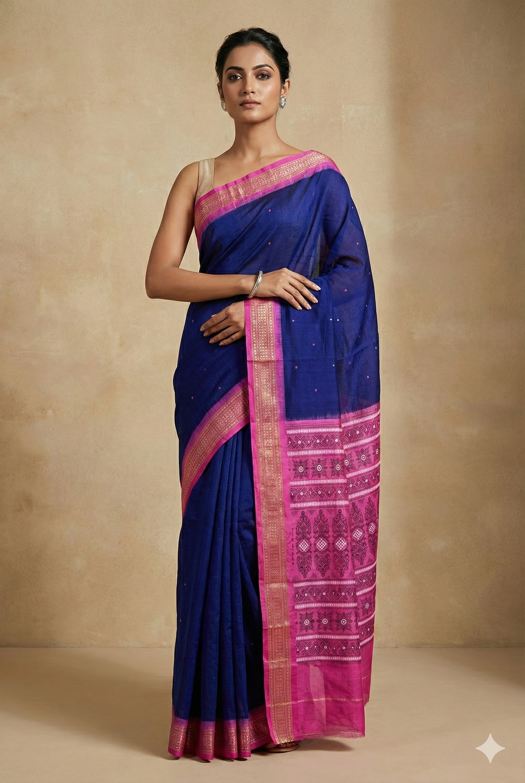 Bomkai Cotton Saree in Royal Blue & Pink | Authentic Odisha Handloom Saree