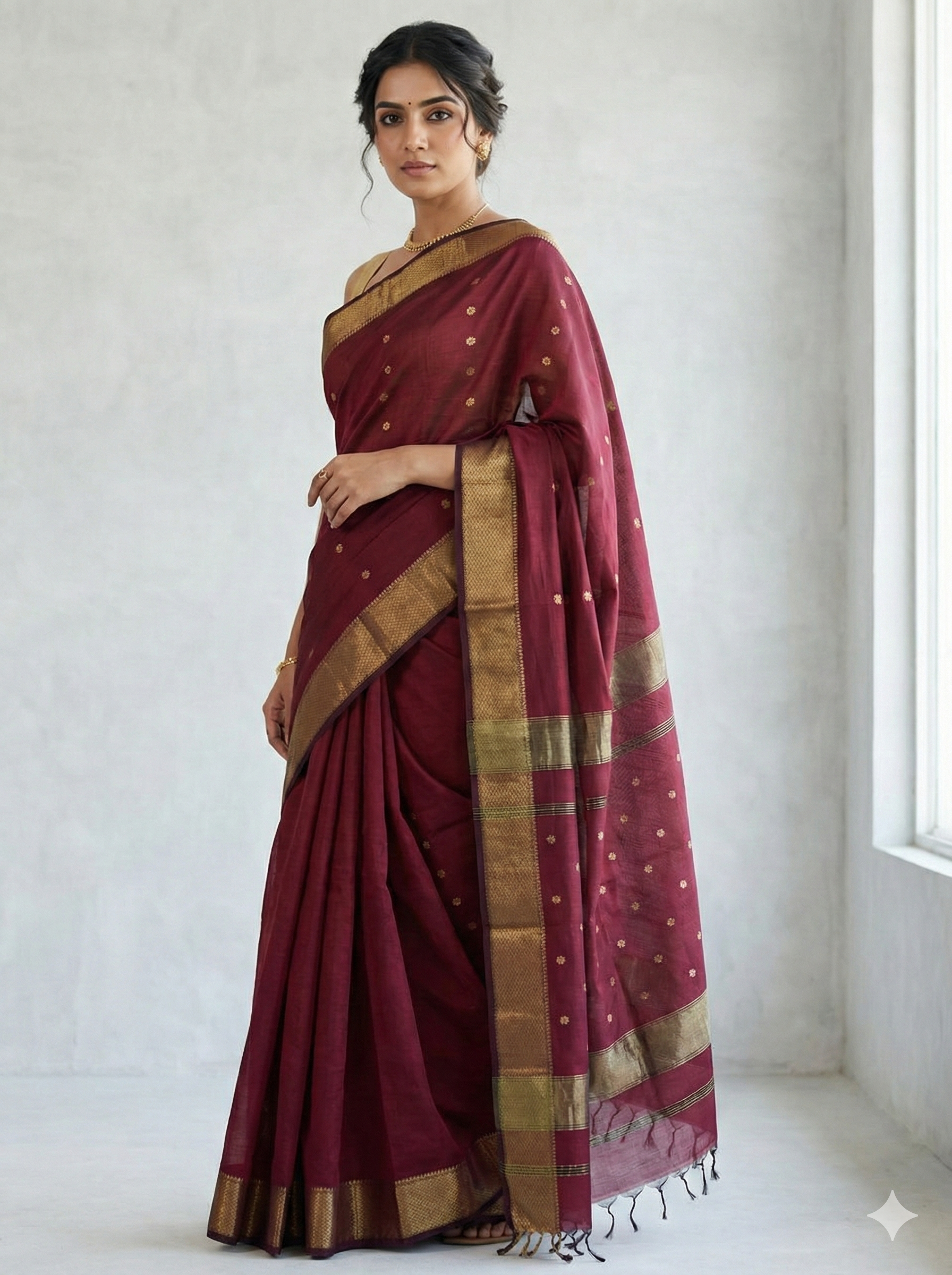 Deep Maroon Handloom Maheshwari Silk Cotton Saree with Gold Zari Butta
