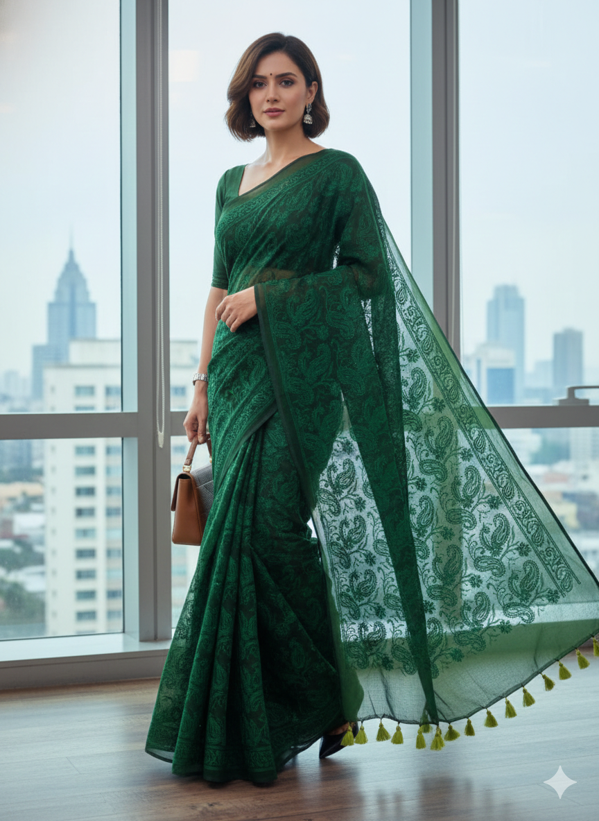 Emerald Green Mul Cotton Chikankari Saree – Elegant Handcrafted Corporate Wear with Tassels