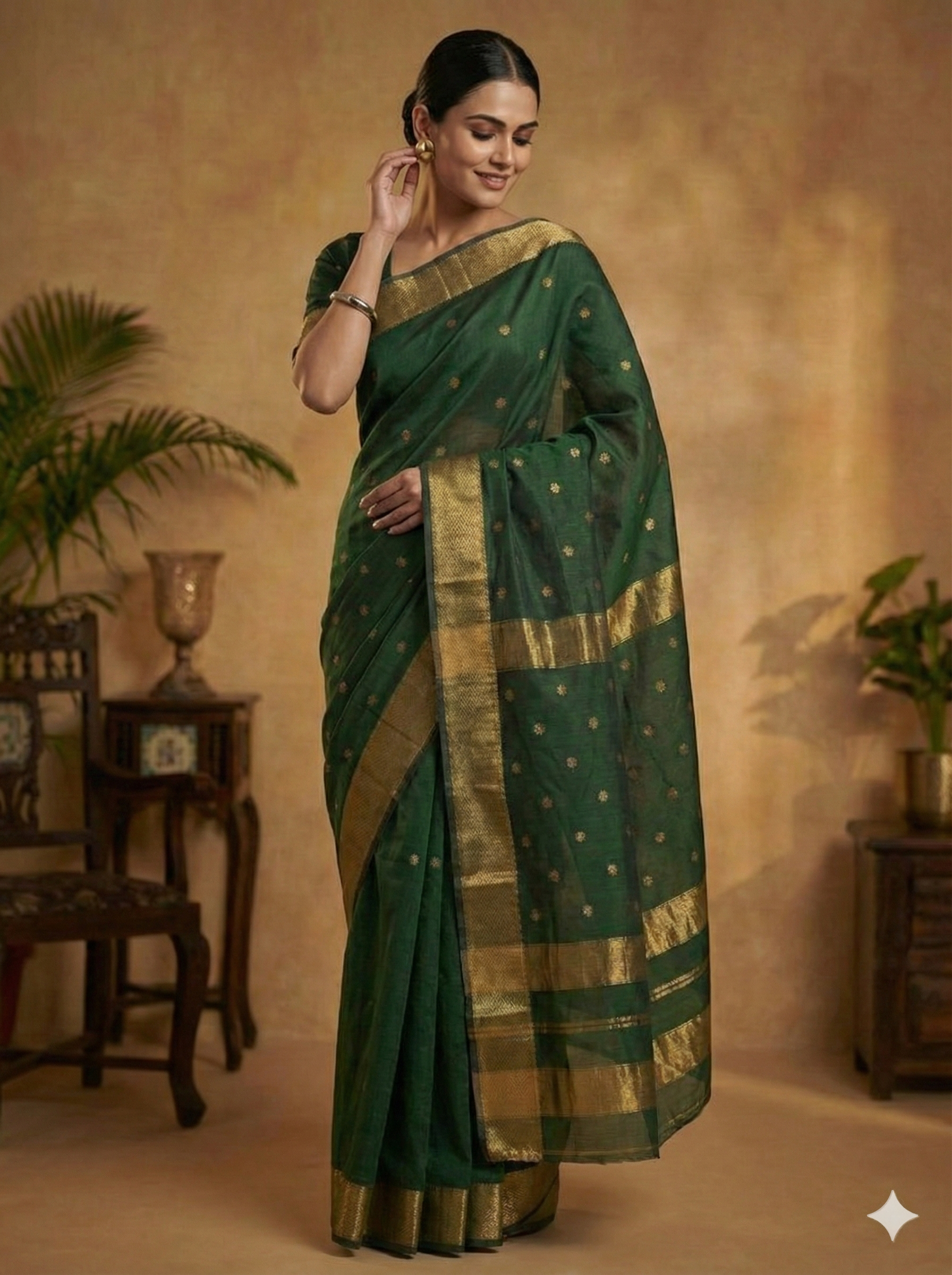 Handloom Elegant Dark Green Maheshwari Cotton Silk Saree with Gold Zari