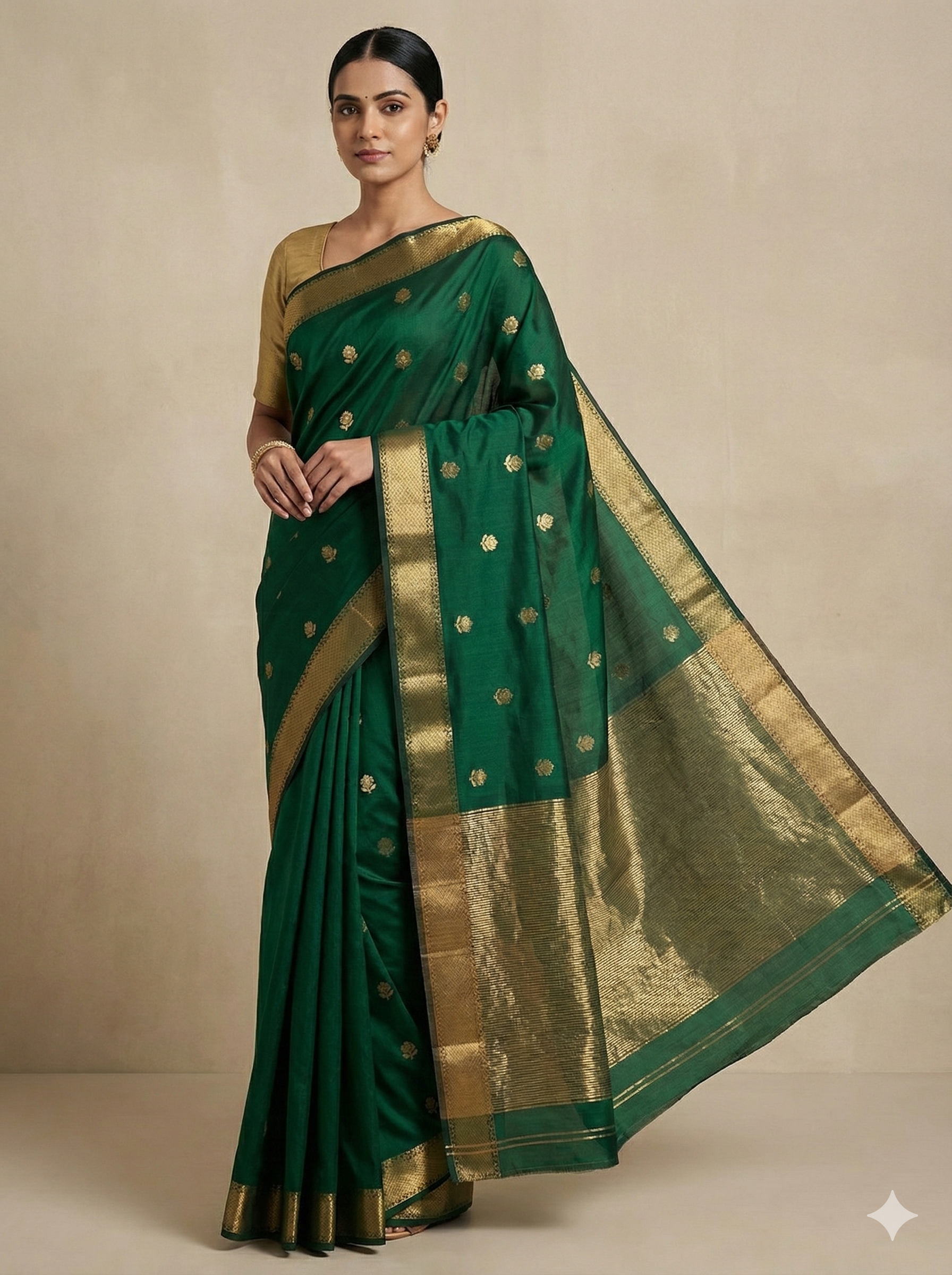 Handloom Green Maheshwari-Lotus butti