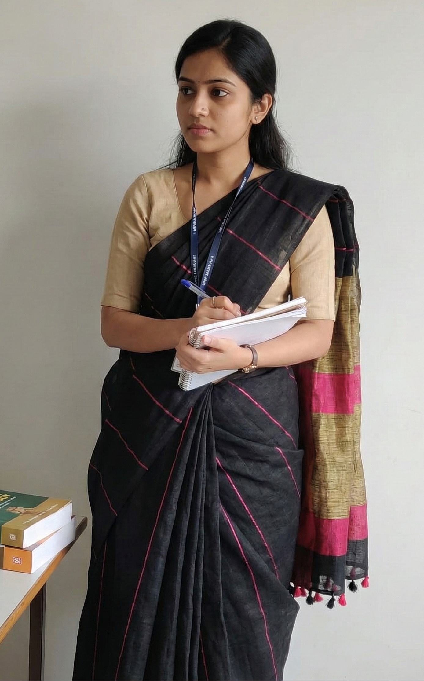 Pure Linen Saree in Balck with red thread lining & Tassels