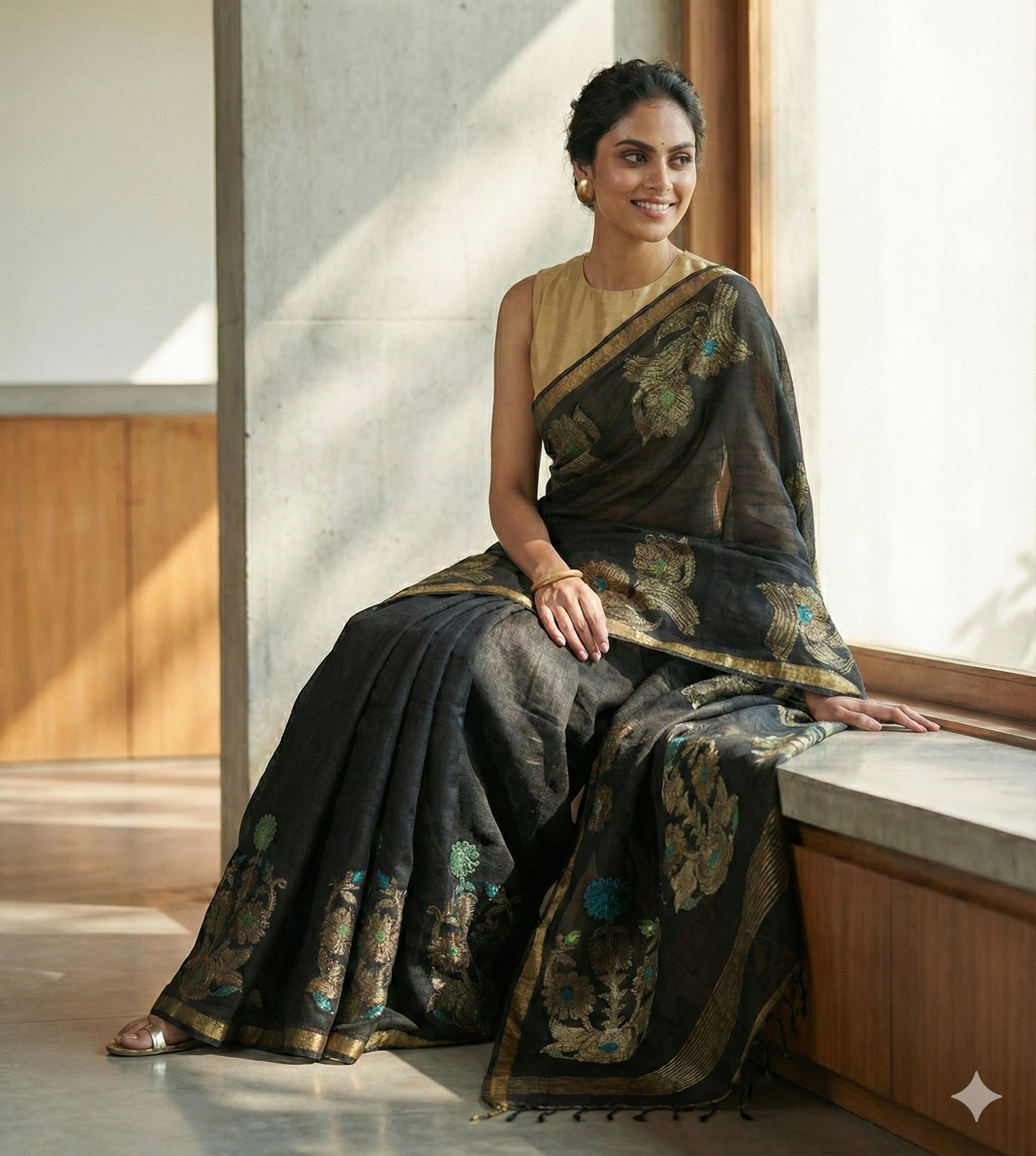 Premium Black Linen Saree with Golden Zari Border | Designer Floral Weaves | Festive Collection